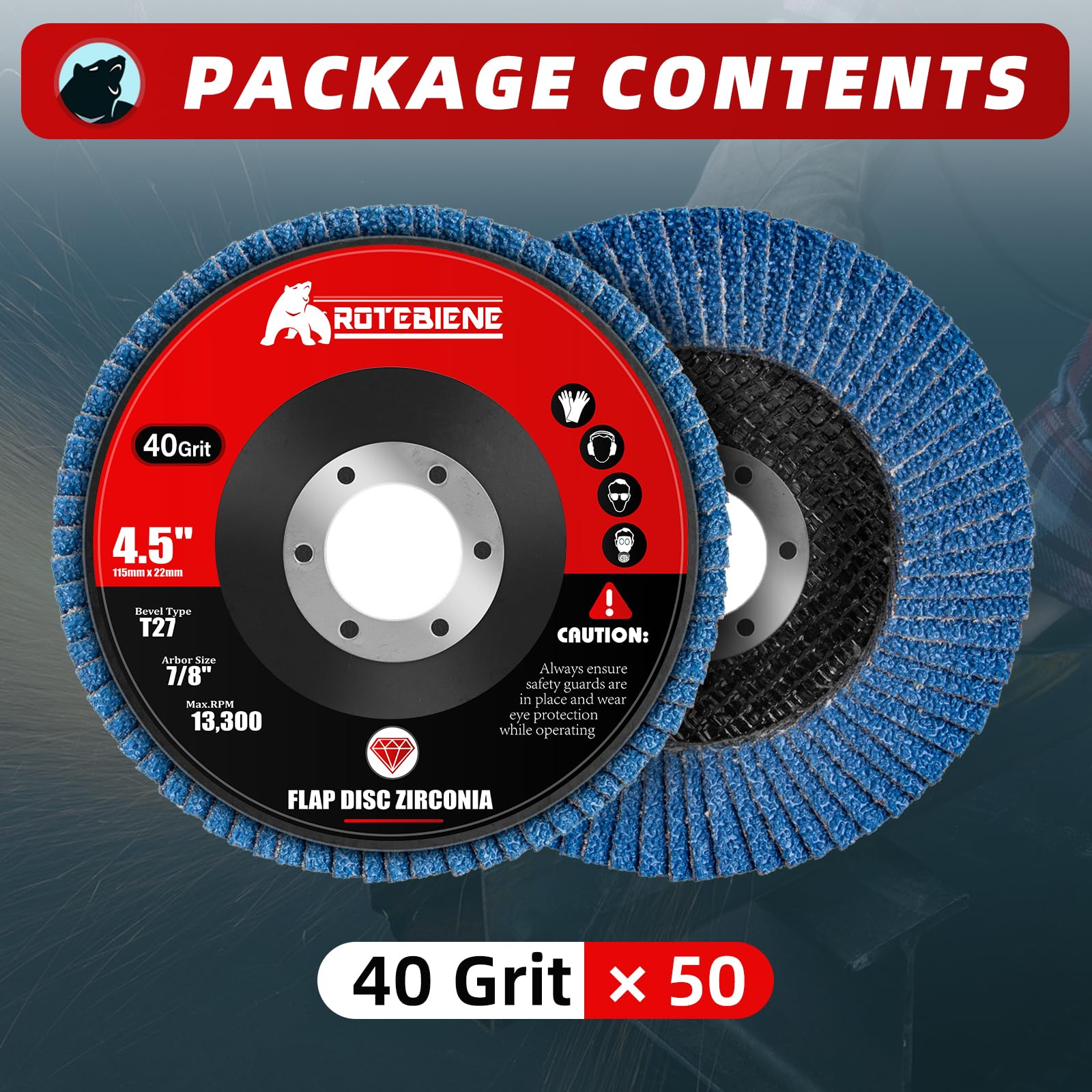 Paquete de 50 discos de solapa de circonita de grano 40 de 4.5 x 7/8 pulgadas T27 para ruedas de amoladora angular de 4 1/2 pulgadas, discos de lijado y lijado resistentes para metal, madera, acero