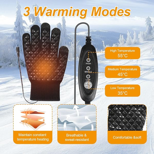 Gants Chauffants USB Unisexes, 3 Niveaux de Température Réglables, Chauffage Double Face Rapide, Écran Tactile, Antidérapants, Gants Hiver pour Ski, Cyclisme, Moto, Travail Extérieur - 5