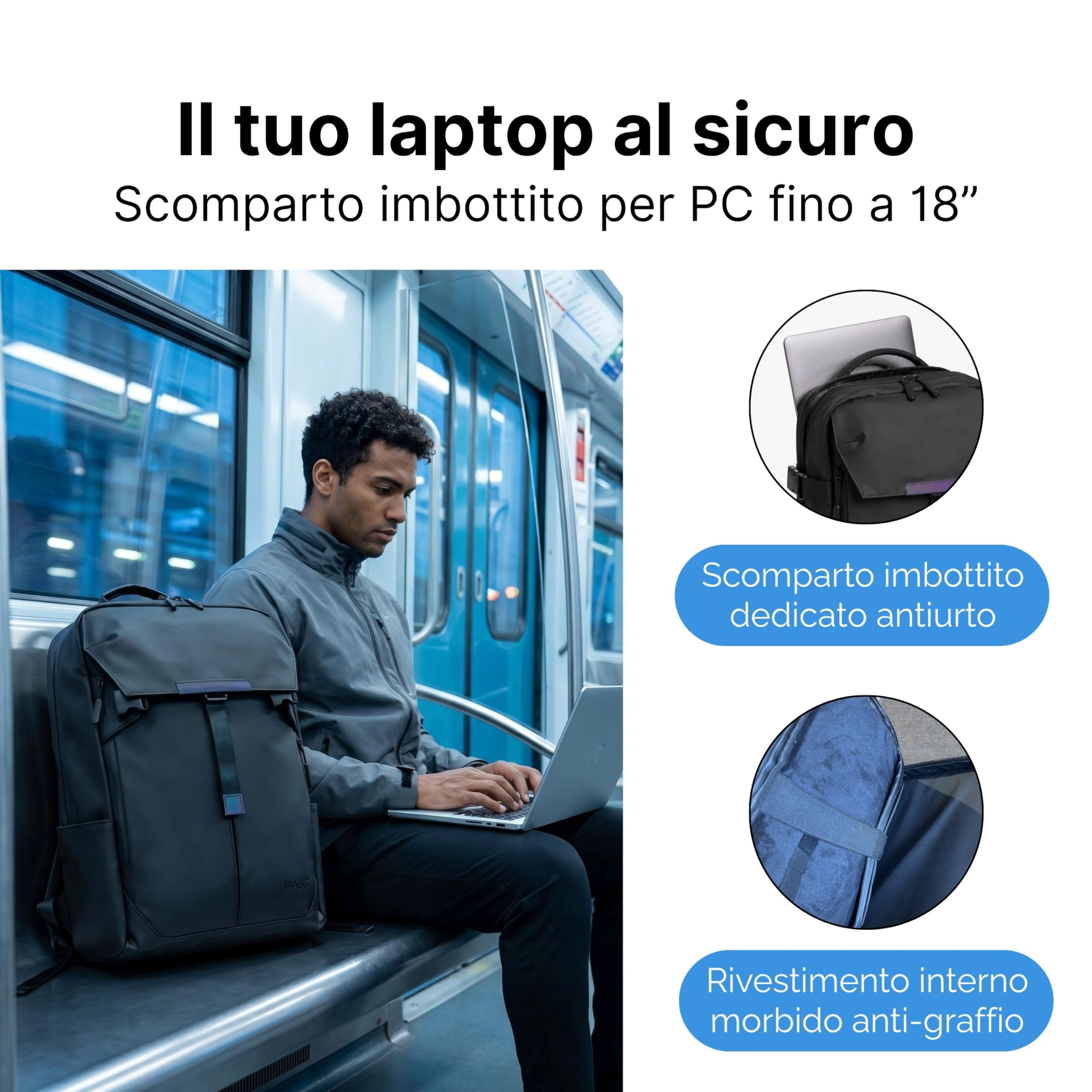 MASC Zaino da Viaggio Multitasche Impermeabile ed Ergonomico 27L, ideale come Zaino da Lavoro Porta PC 18’’, Elegante per l’Ufficio