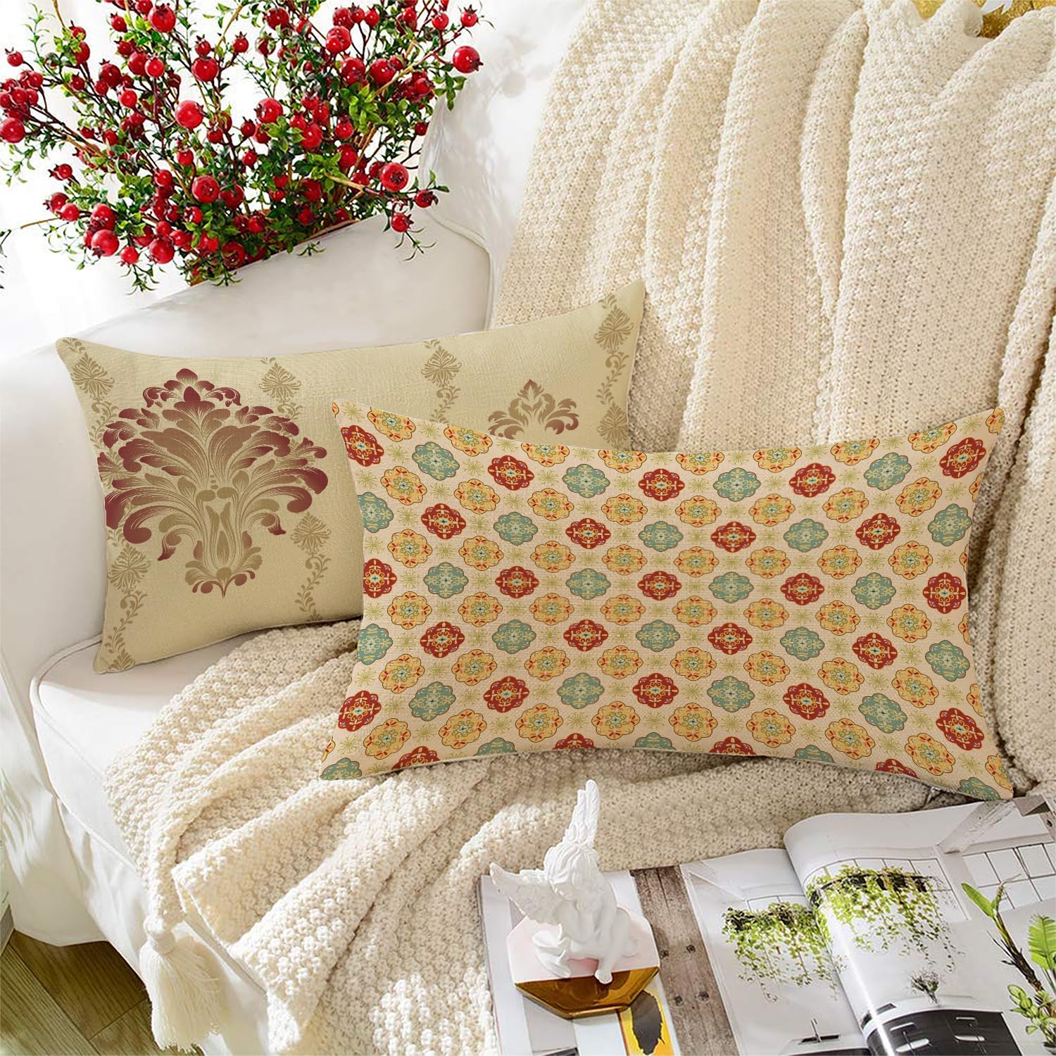 BRICK HOME Set of 2 Polycotton Printed Cushion Covers 12x18 Inches | Traditional Indian Motif & Geometric Design | Beige, Maroon & Pastel Shades | Soft Decorative Pillow Covers for Sofa & Couch-image-34