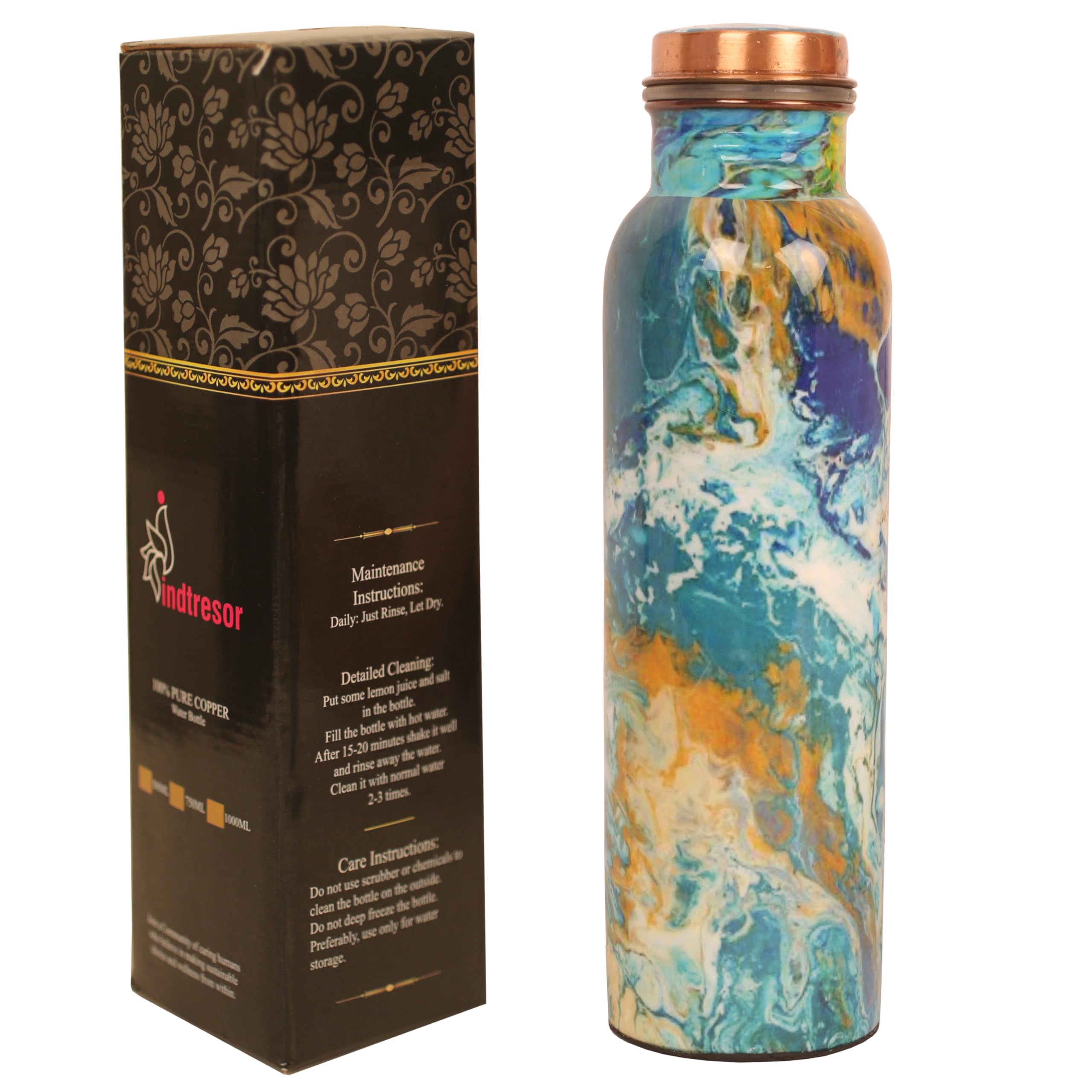 INDTRESOR Pure Copper Water Bottle - Handcrafted - Ayurveda health benefits - Large 35 oz - Leak proof - Easy to carry for Sports, Fitness, Yoga,