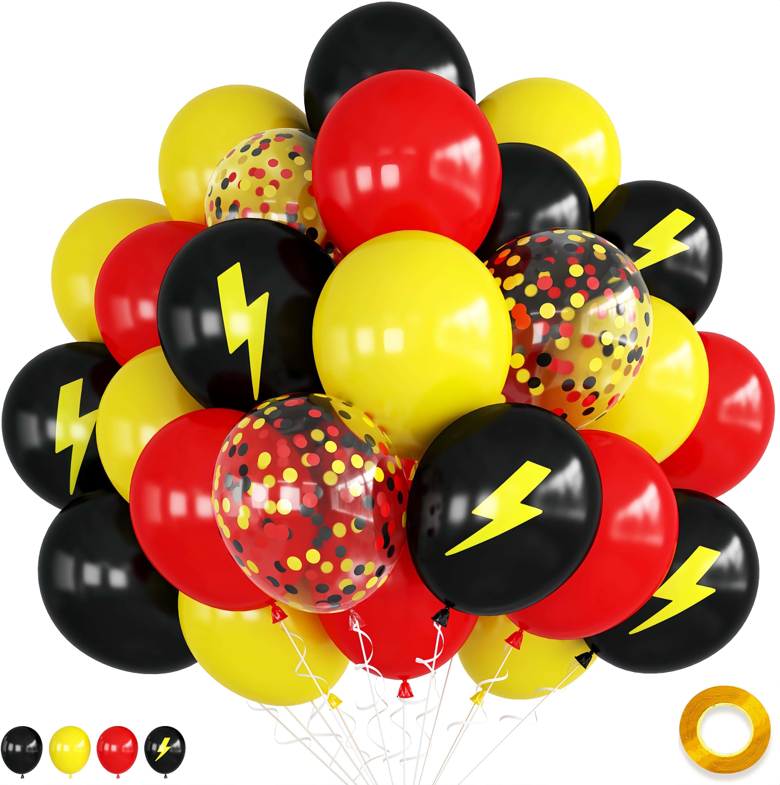 Red Yellow Black 12-inch Lightning Cartoon Ball Anime Balloons, Birthday Decor with Confetti for Boys' Superhero Theme Race Car Party