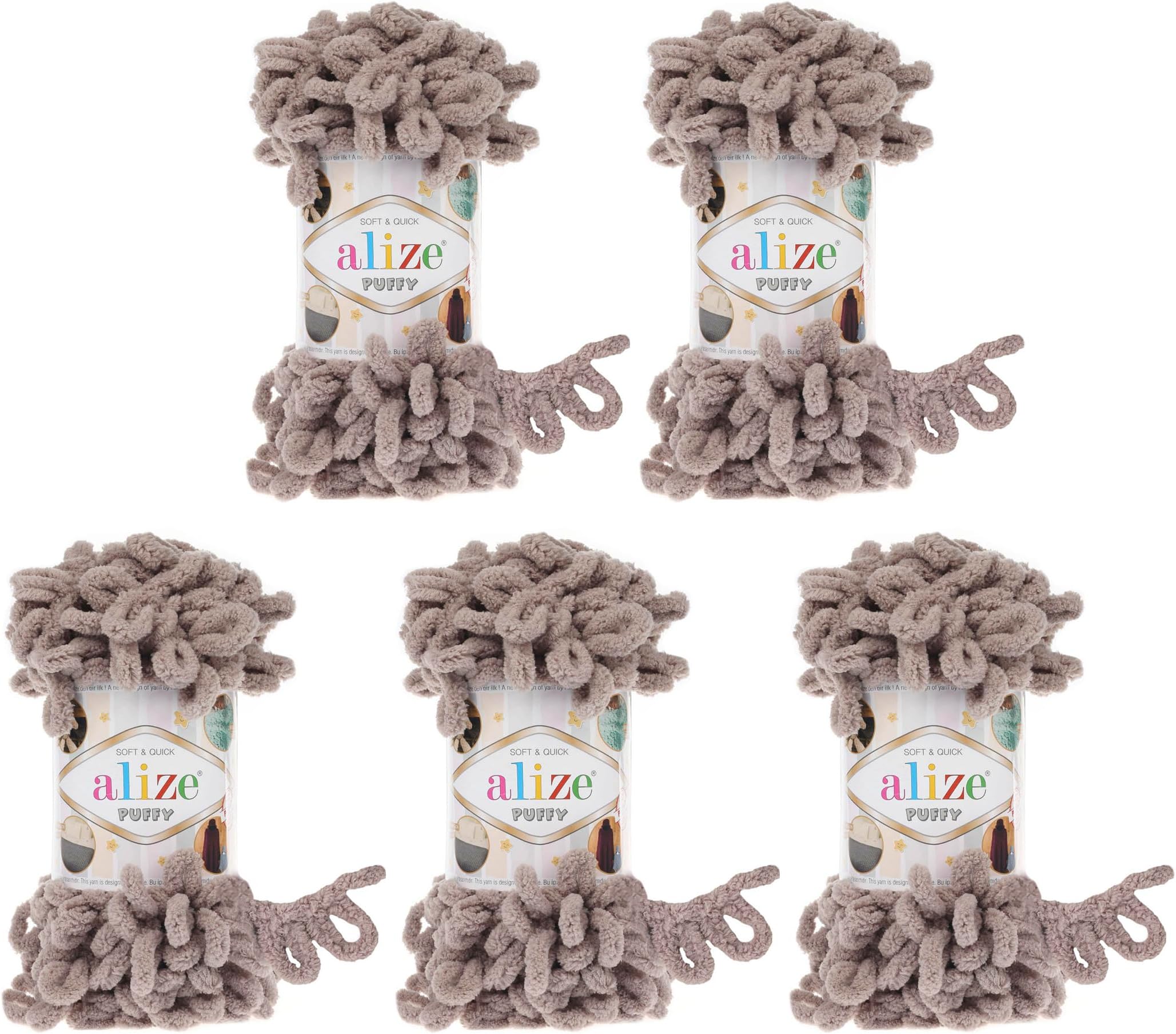Alize Puffy 5 x 100 g Knitting Wool, 500 g Finger Knit, Super Bulky, Loop Wool, Knitting without Needle (Taupe 268)
