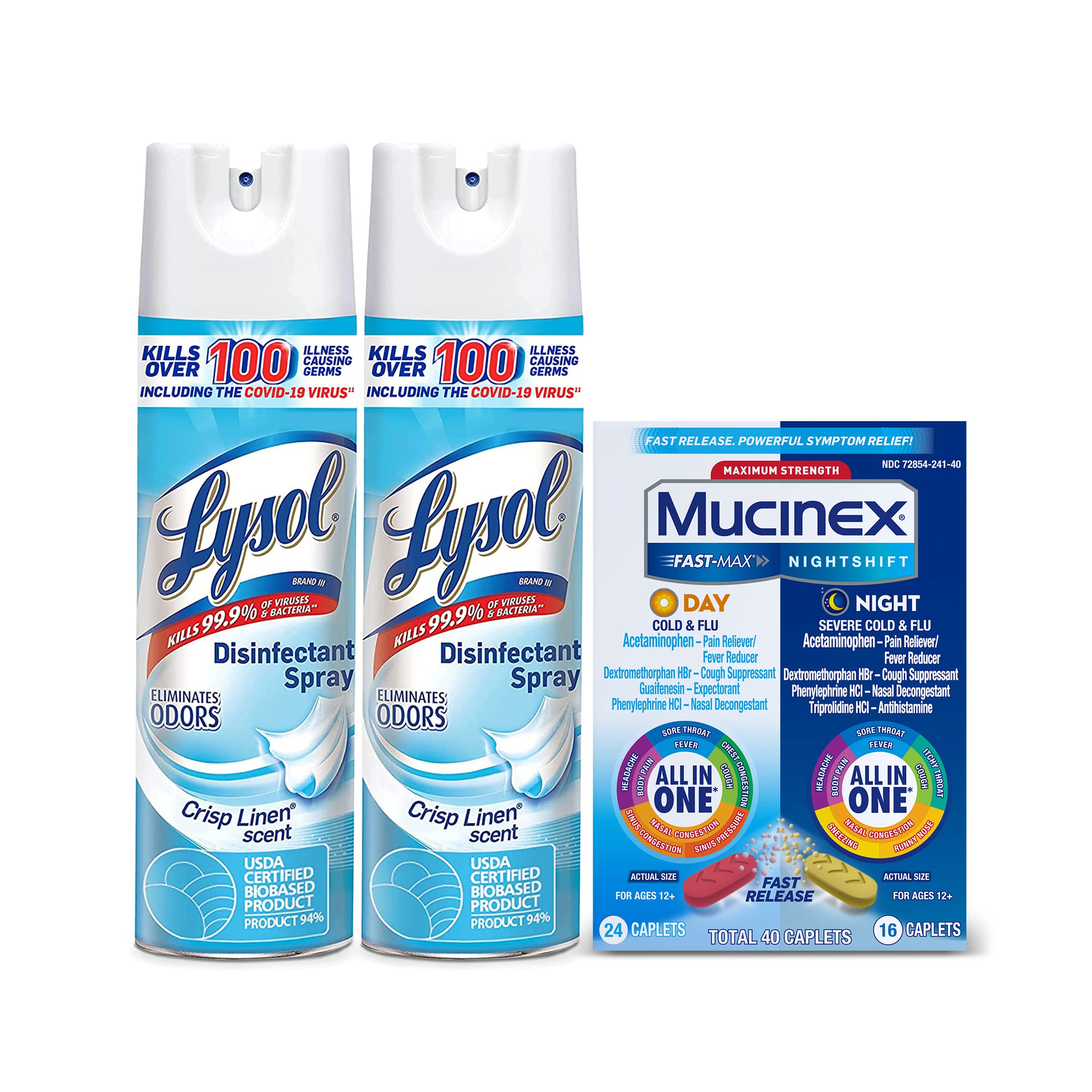 Lysol Disinfectant and Sanitizing Spray, Crisp Linen, 19 fl oz Each (2 Pack) and Mucinex Fast-Max Da