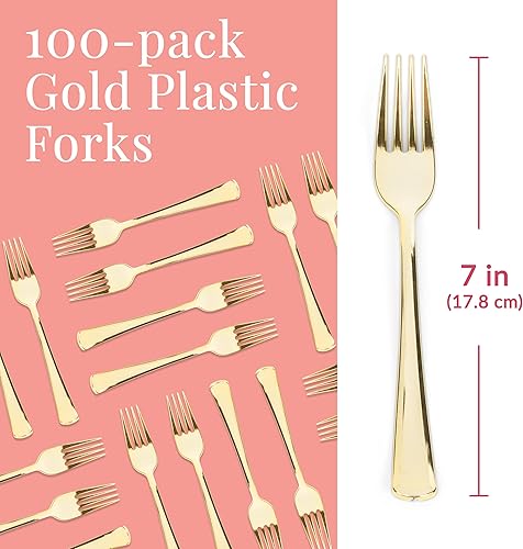 Miniatura 2 de Prestee 100 tenedores de plástico dorados resistentes, tenedores de plástico dorado pesados, cubiertos de plástico de lujo, elegantes tenedores