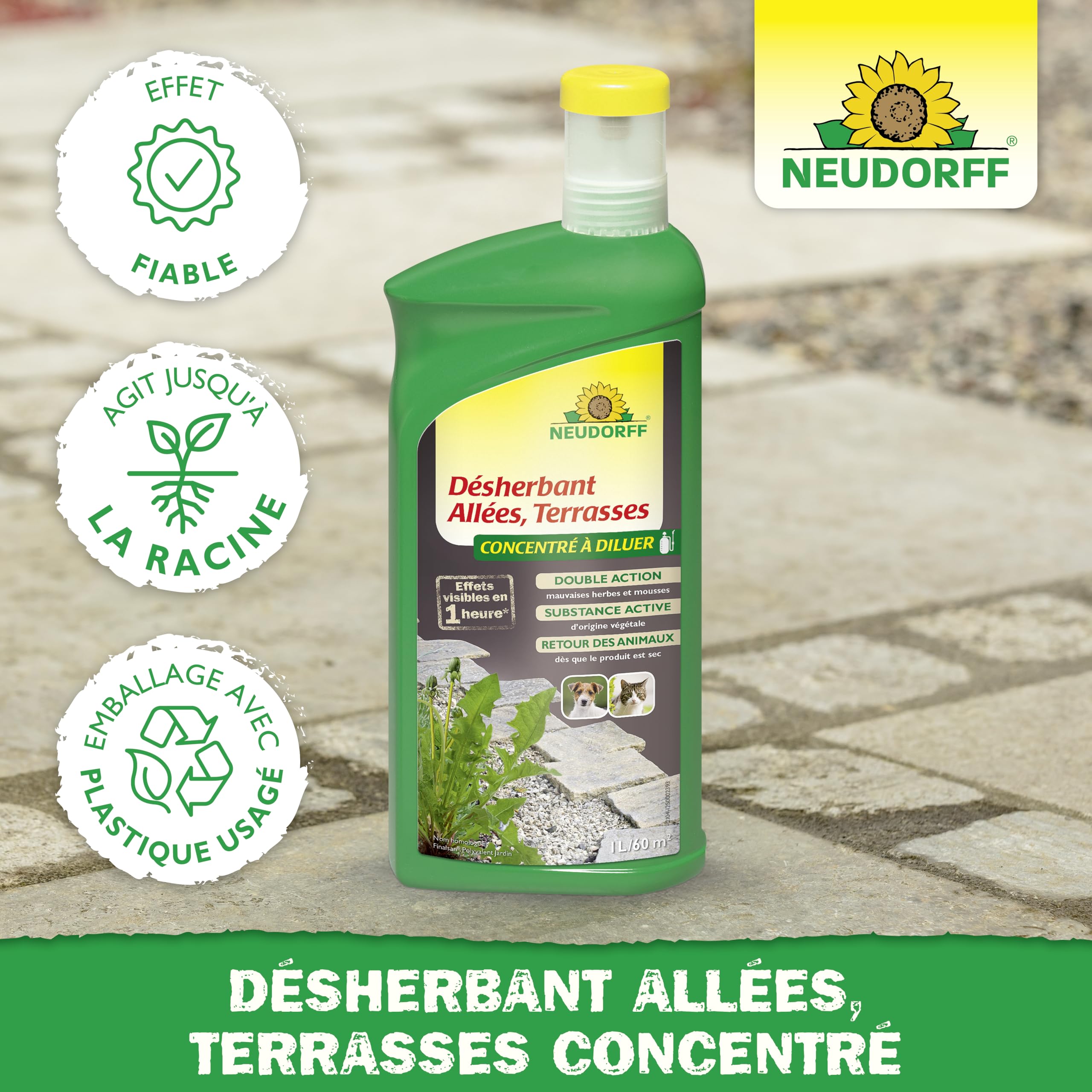 Neudorff Finalsan Désherbant Allées, Terrasses – Désherbant puissant sans glyphosate, action rapide sur mauvaises herbes et mousses, 1 L