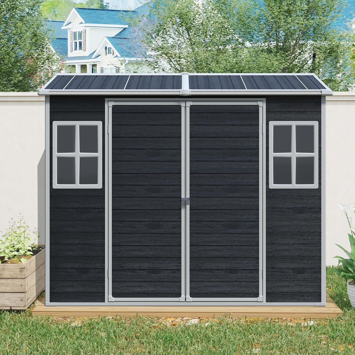 8x4 ft Outdoor Resin Storage Shed with Floor, Waterproof Plastic Garden Shed with Lockable Door and Two Windows, All-Weather Tool Sheds for Backyard, Patio, Lawn (Black)
