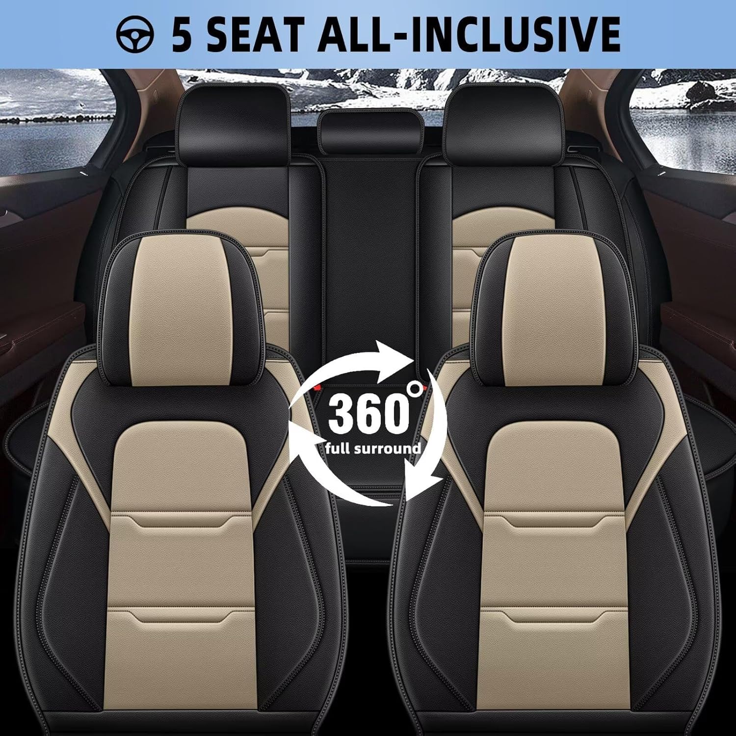 YORKNEIC 2 Front Seat Covers Fit for Cadillac STS 2005-2011 Leather Car Seat Covers for STS Automotive Seat Cushion Waterproof Car Seat with Airbag Compatible(2 Front Seat,Black&Beige)