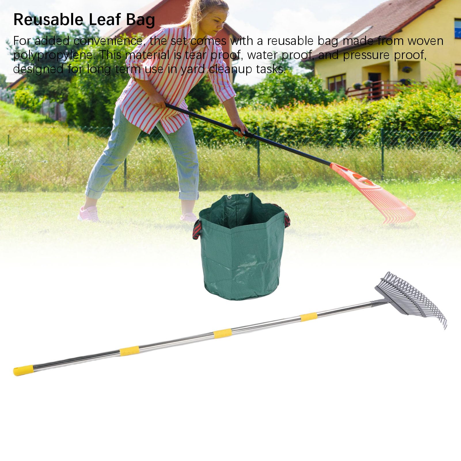 Rastrillo de jardín de Metal con Mango Ajustable Que Recoge eficazmente Hojas y residuos, Herramienta de Mantenimiento para Exteriores.