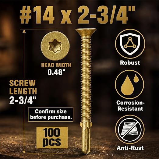 100 Piezas Tornillos Autoperforantes #14 x 2-3/4" Metal Auto-taladrante, Bronce | Tornillos para Madera a Metal con Cabeza Estrella para Cubiertas y Remolques miniatura 4