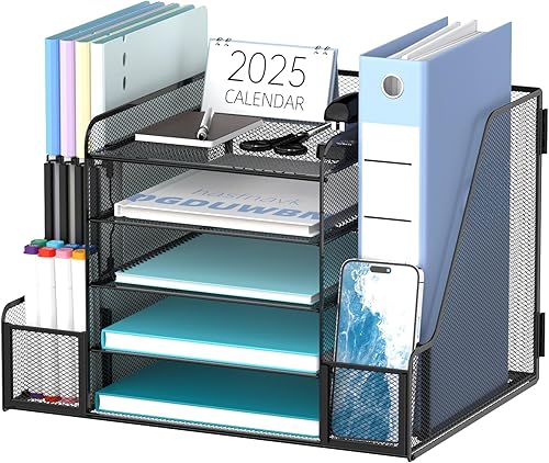 SUPEASY Organizador de escritorio con soporte para archivos, organizador de bandeja de papel de malla de 5 niveles con soporte para revistas,