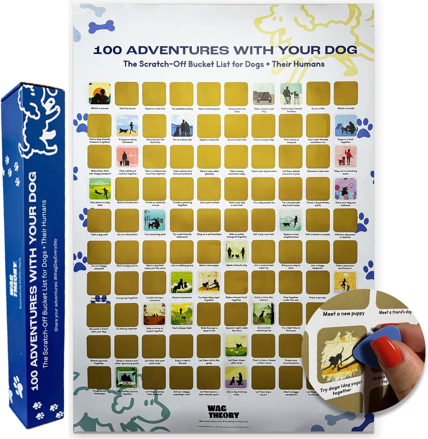 Wag Theory Scratch Off Poster for Dog Lovers – 100 Adventures With Your Dog Bucket List Poster, Interactive Adventure Poster, Fun Gift for Puppy Parents