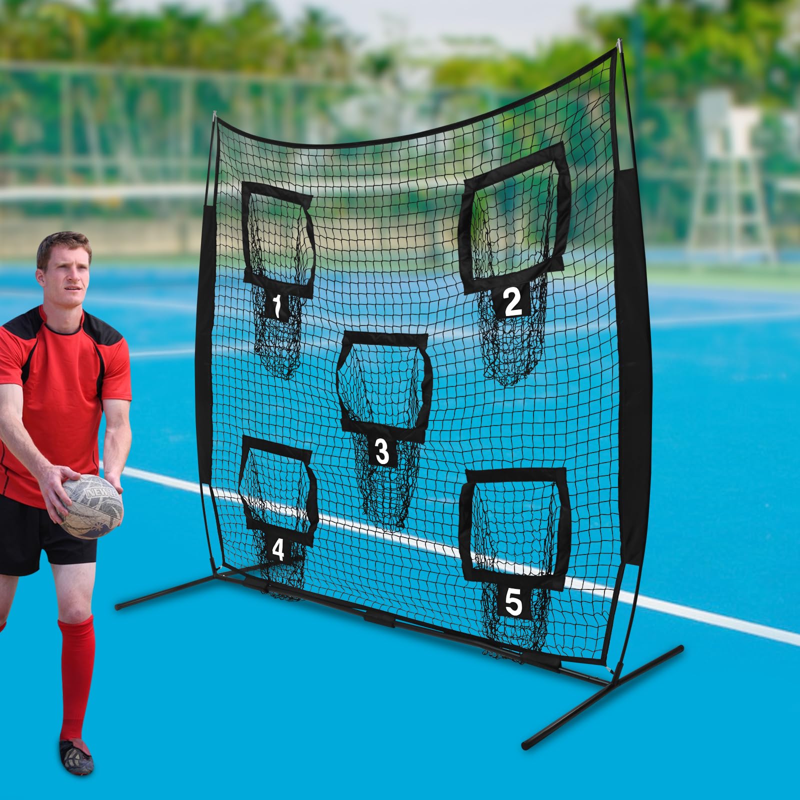 Rugby Wurfnetz: 7'x7' mit 5 Zieltaschen ideal für Garten und Indoor-Training