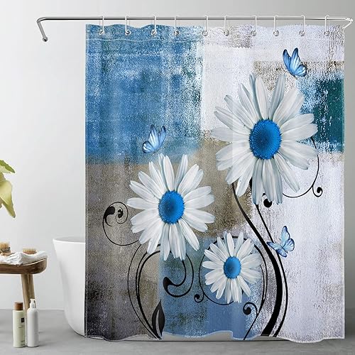 Miniatura 8 de MEUNEAR Cortina de ducha floral de granja turquesa verde azulado margaritas flores mariposa cortina de ducha moderna abstracta geométrica gris y
