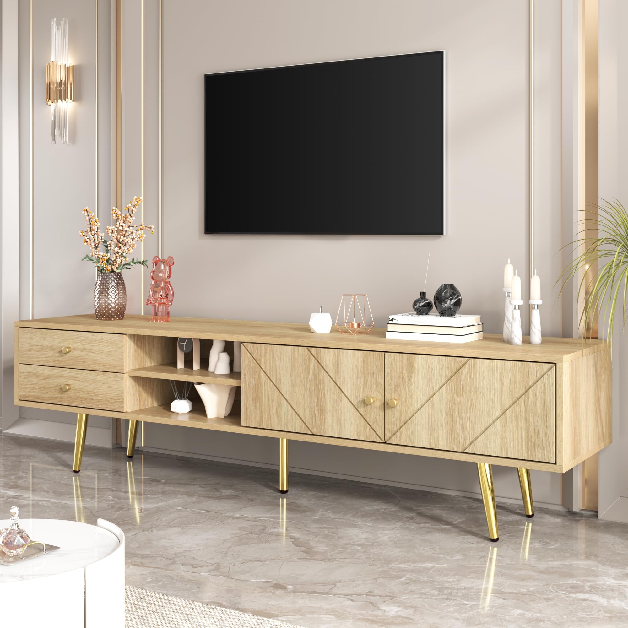 BTM Meuble TV 160 cm avec Pieds dorés - Meuble TV Moderne avec 2 tiroirs et 2 Portes - Durable - Grand Espace de Rangement, Bois - 160x36x42 cm