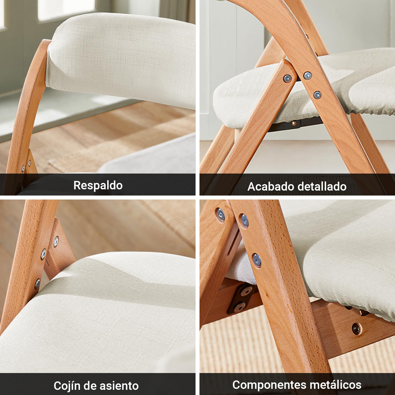 SoBuy Silla de Comedor de Madera con Asiento Acolchado, 47,5 × 59 × 77 cm | Silla plegable de comedor con funda de asiento extraíble, silla plegable de madera para salón, comedor y despacho, FST92-W