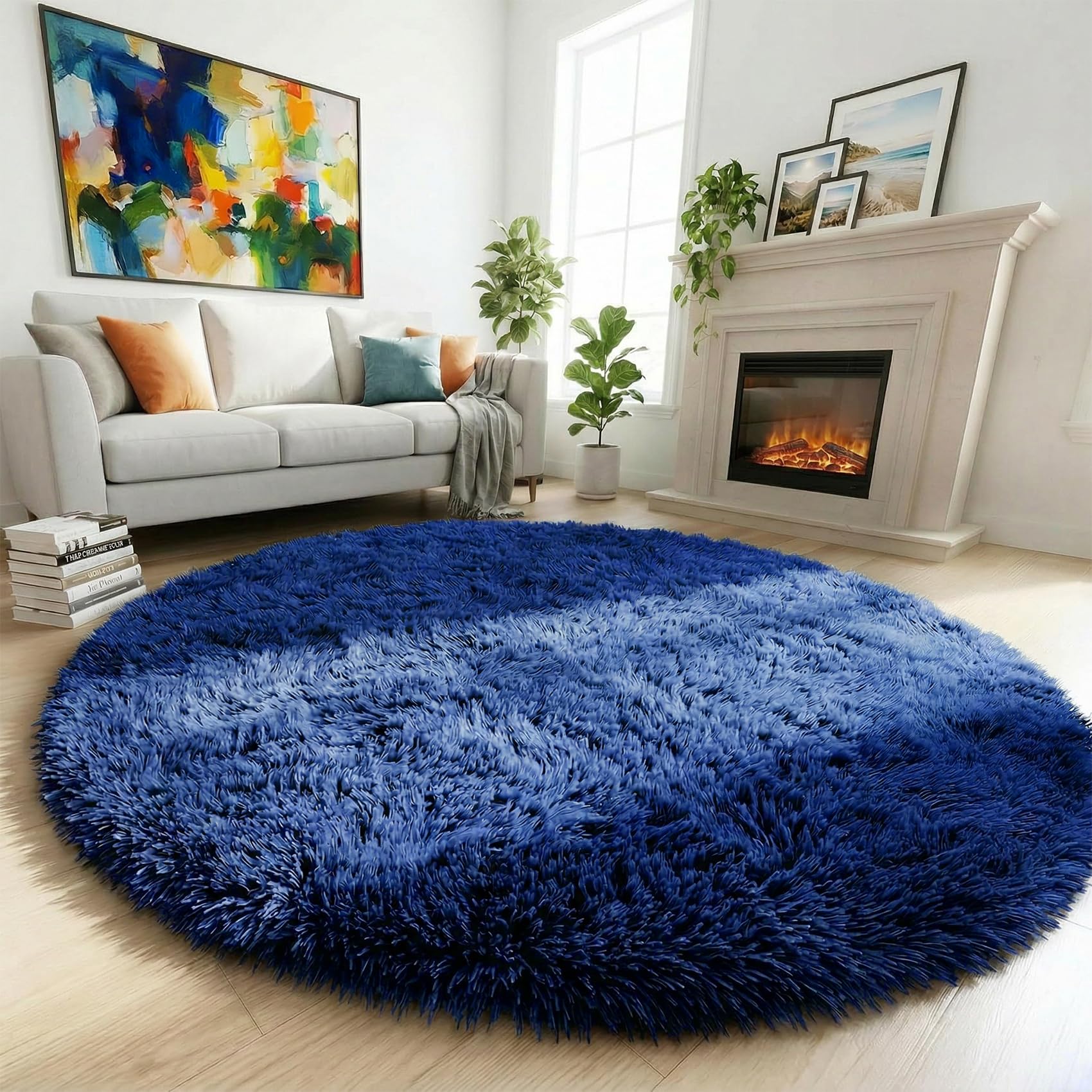 ラグ・カーペット Kyne Stamp Circle Rug by ROOM Blue Amazon.com: Navy Blue Round Rugs 5Ft for Boys Bedroom, Fluffy