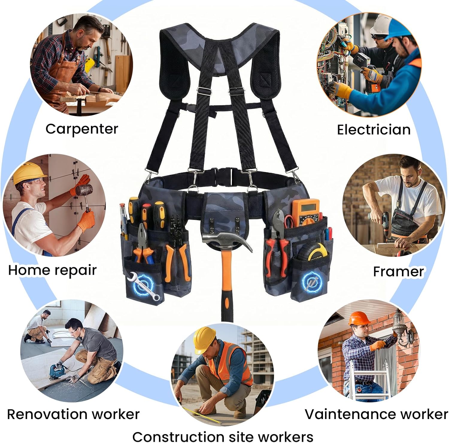 Tool Belt with Suspenders, 18-Pocket Combo Harness System with Magnetic Pouches, Heavy Duty Detachable Utility Bags Adjustable 32"-66" Waist for Electricians, Carpenters, Framers (Camouflage)