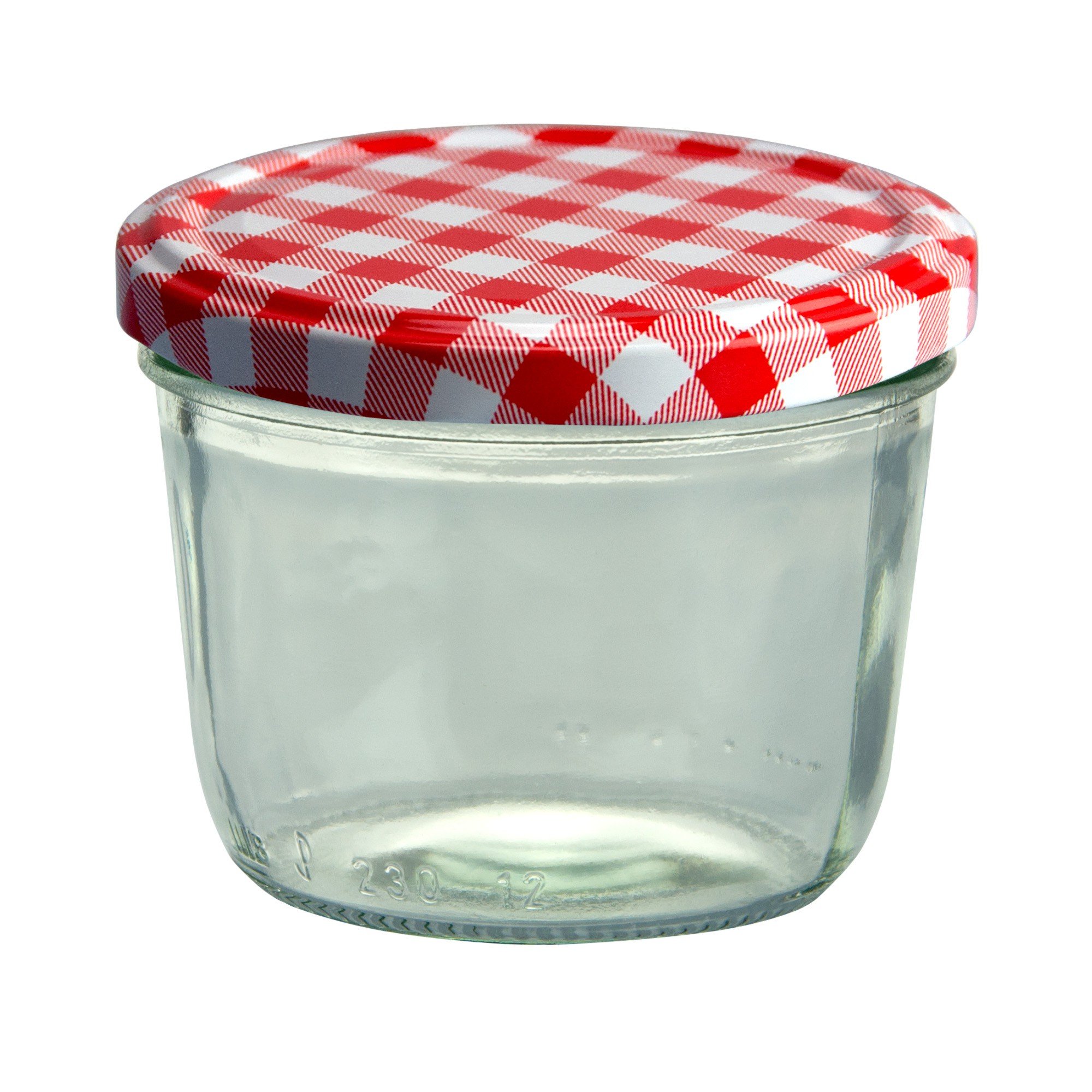 Set da 25 vasetti in vetro, per marmellate e conserve, 230 ml, coperchio avvitabile a quadretti rossi, 82 mm