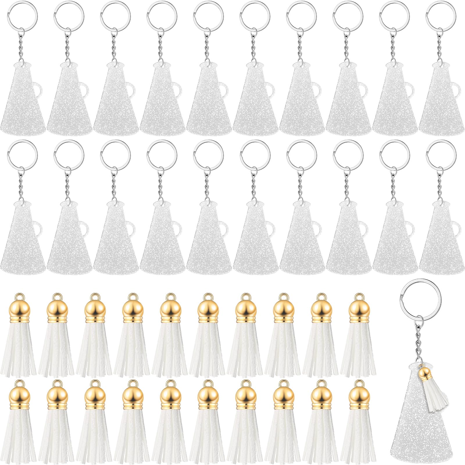 Cunno 20 Sets Cheer Keychain Bulk Cheer Gifts for Team Acrylic Megaphone Keychains with Tassel Cheerleader Cheerleading Gift(Glittery Silver, White)