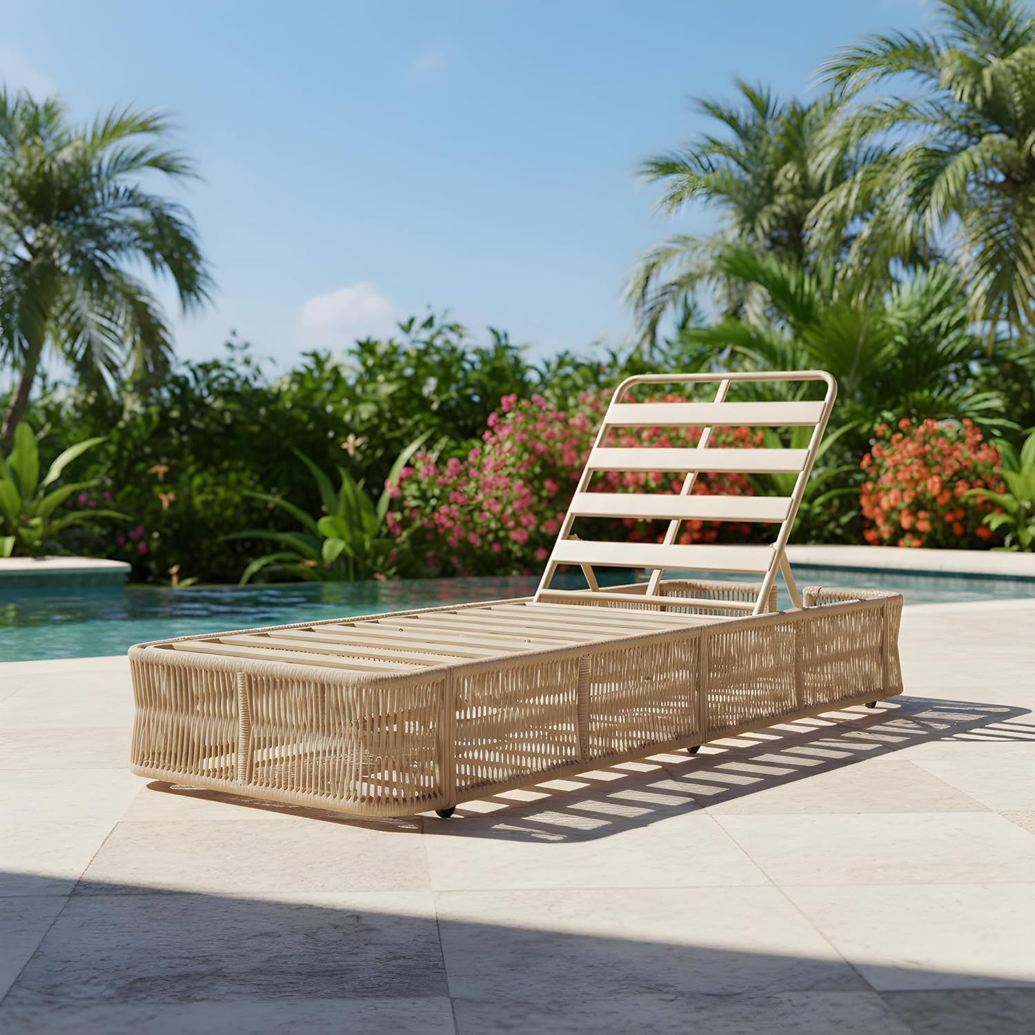 Christopher Knight Home Kaisa Patio Chaise Lounge Chair Outdoor, Metal Poolside Sun Lounger with Cross-Weave Rope Accent, 5-Position Adjustable Backrest Pool Lounger, Beige (Frame Only)