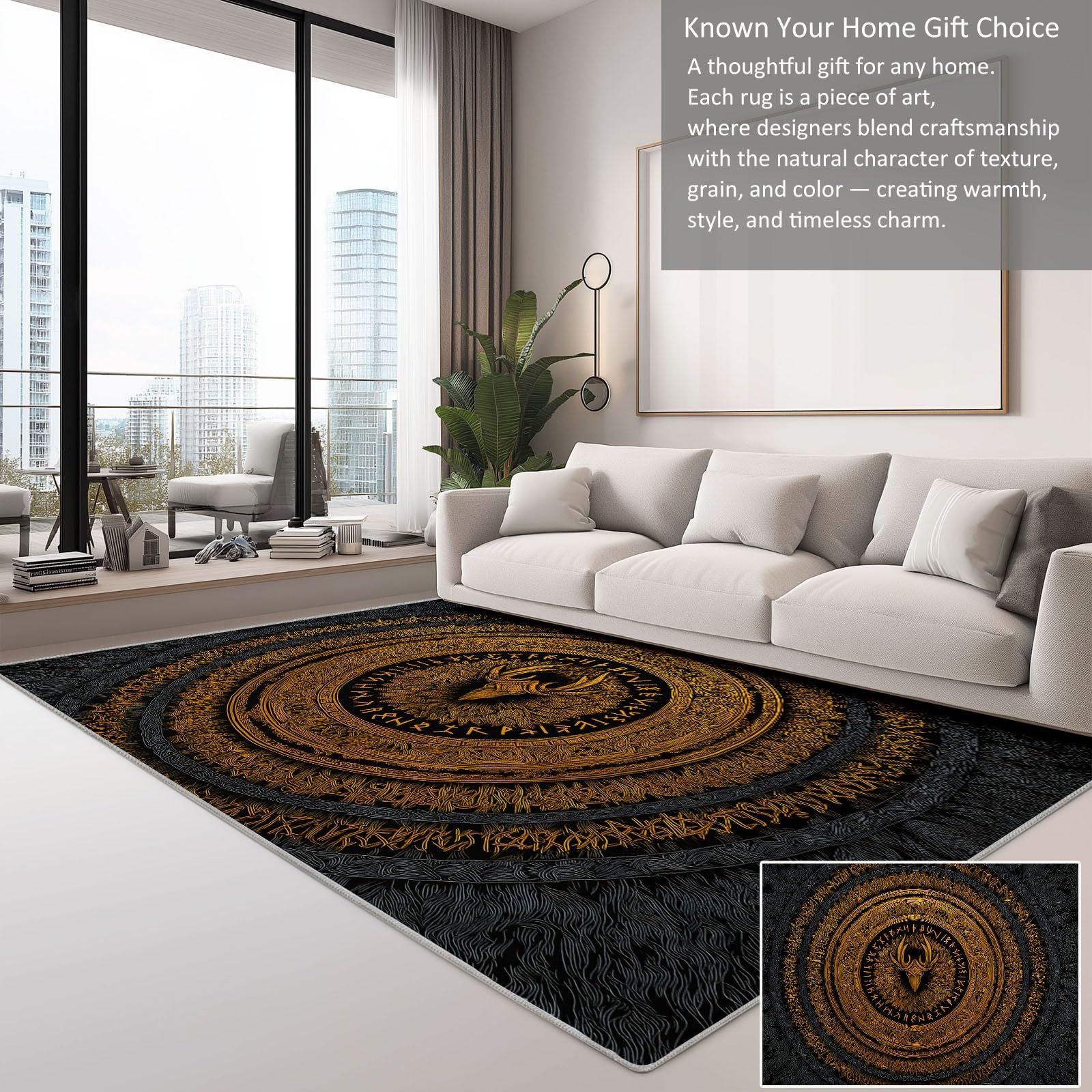 Generisch Teppich Wohnzimmer Waschbar Kurzflor Weich Fantasy Wikinger Symbol Teppich 80 x 150 cm pflegeleicht rutschfest für Schlafzimmer Kinderzimmer Flur Badezimmer Schwarz