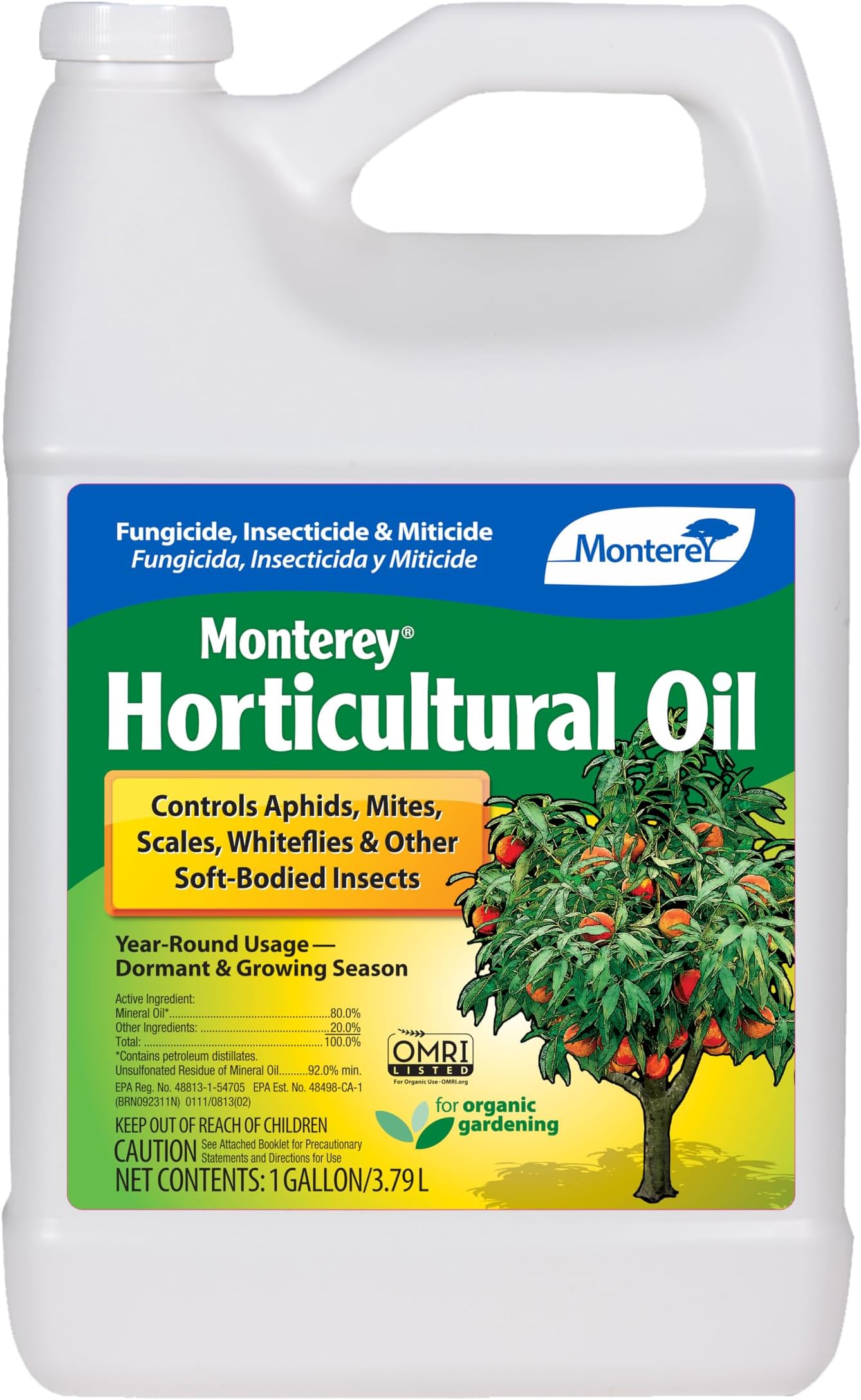 Monterey Horticultural Oil - Organic Fungicide, Insecticide & Miticide for Garden Pests - Controls Aphids, Mites, Scales, Whiteflies & More - Safe for Vegetables, Fruits, & Ornamentals - 1 Gallon