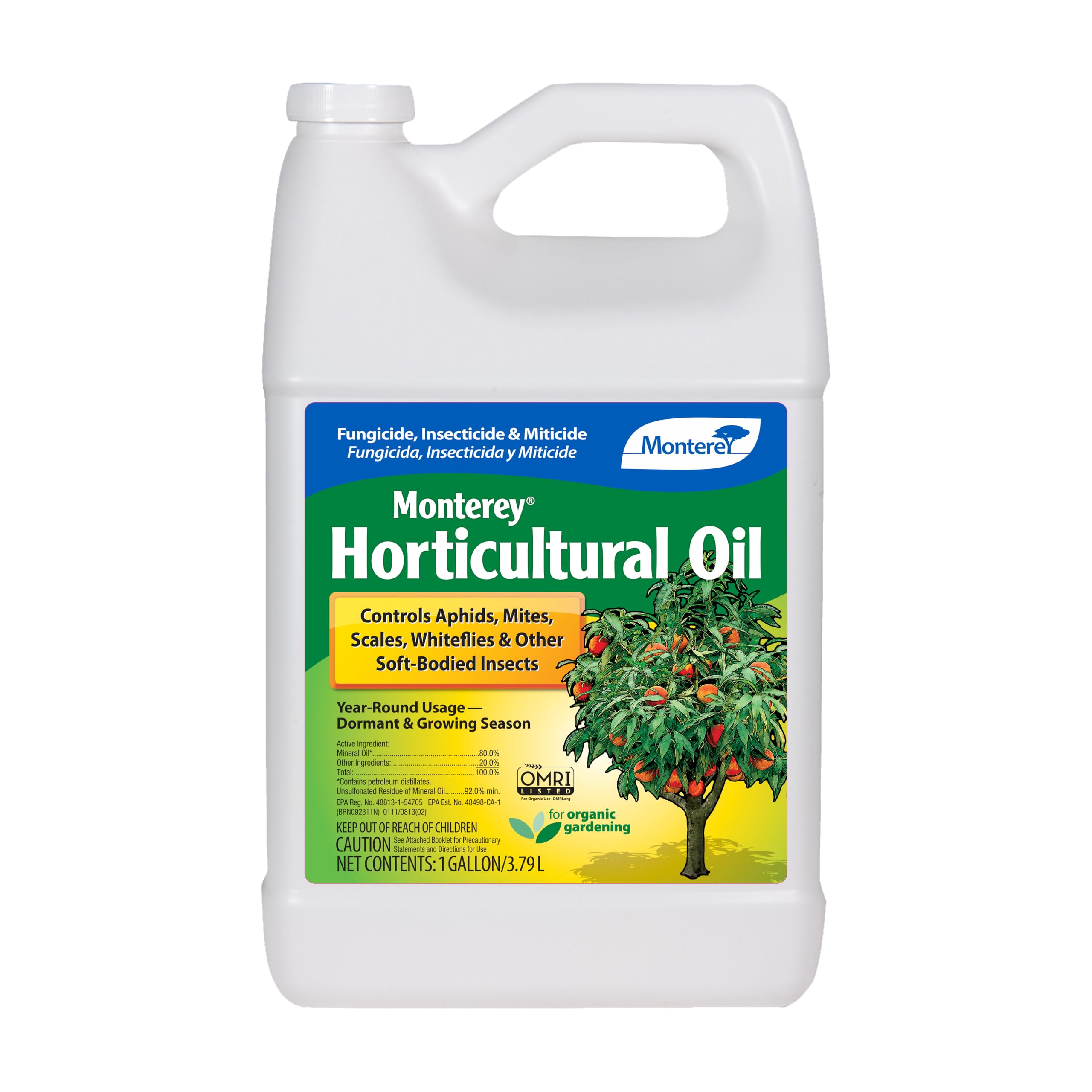 Monterey Horticultural Oil - Organic Fungicide, Insecticide & Miticide for Garden Pests - Controls Aphids, Mites, Scales, Whiteflies & More - Safe for Vegetables, Fruits, & Ornamentals - 1 Gallon