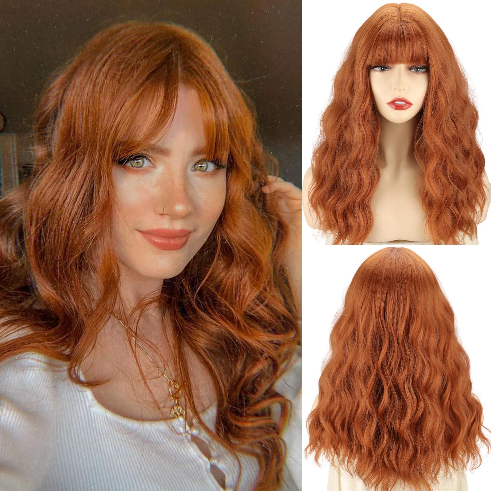 Xinran Orange Wavy Wig With Bangs Long Ginger Wavy Wigs for Women 18 Inch Medium Length Synthetic Heat Resistant Wig for Daily Cosplay Party Use