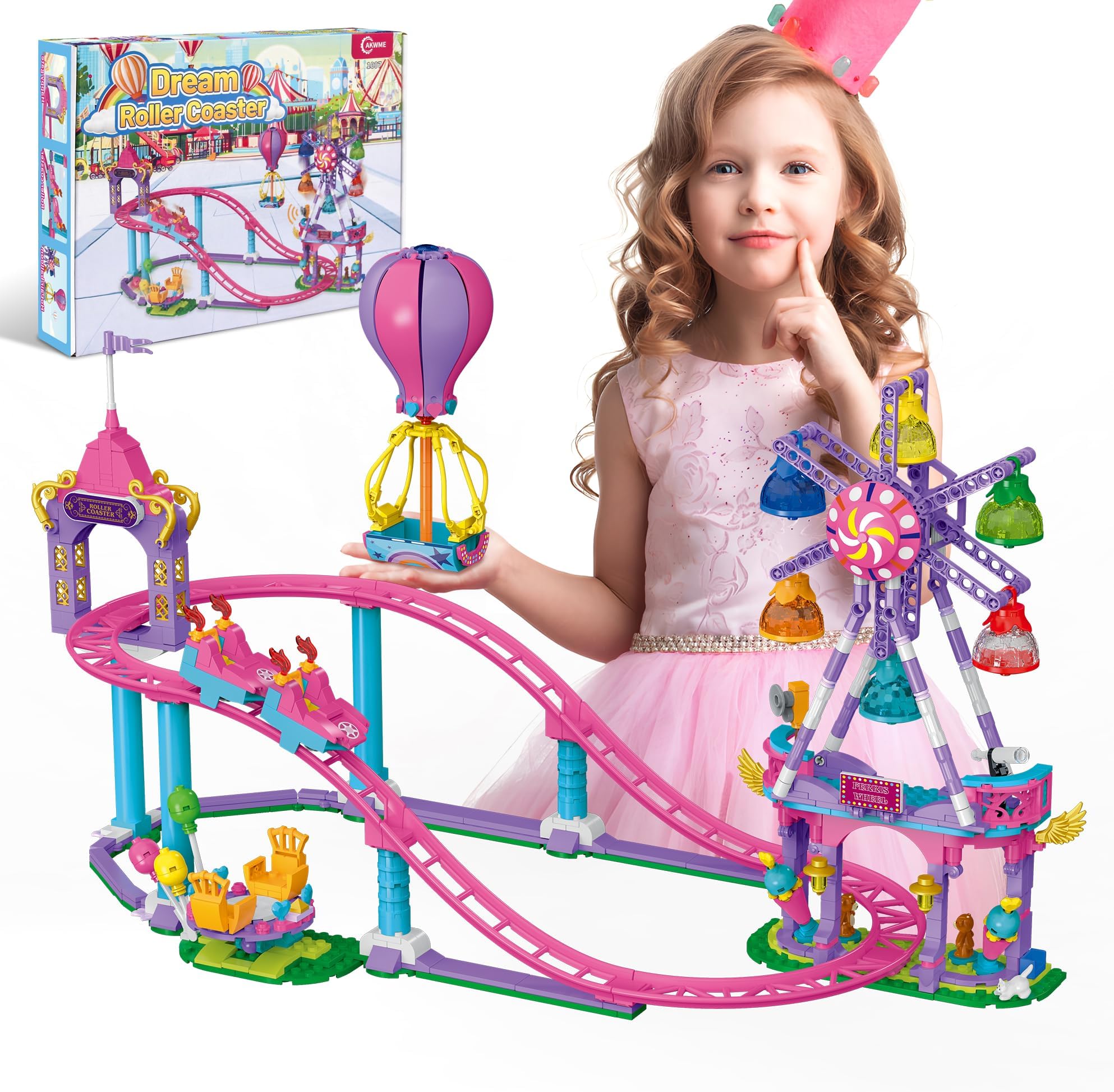 Friends Roller Coaster Building Set, Girls 6-12 Amusement Park Rotatable Ferris Wheel Building Block Toys STEM Kit Pink Carnival Princess Birthday Gift Idea for Kid Girls Boys Aged 6 8 10 12+