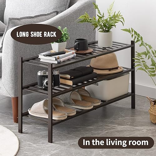 Miniatura 5 de Furshus Zapatero largo organizador de almacenamiento apilable de bambú de 3 niveles zapatero para armario entrada y pasillo