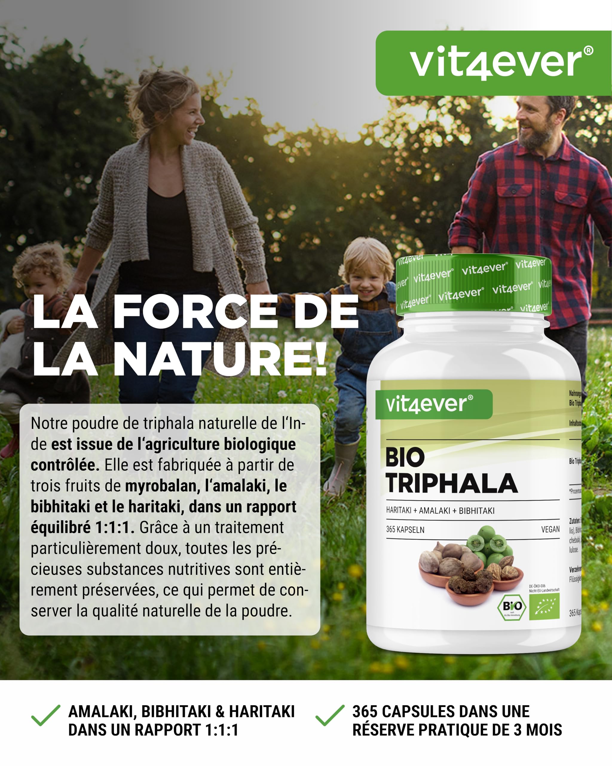Triphala Bio - Haute Dose de 2000 mg (500 mg par capsule) - 365 capsules - Poudre de Triphala de l'Inde : Haritaki, Amalaki, Bibhitaki - Sans Additifs - Vegan