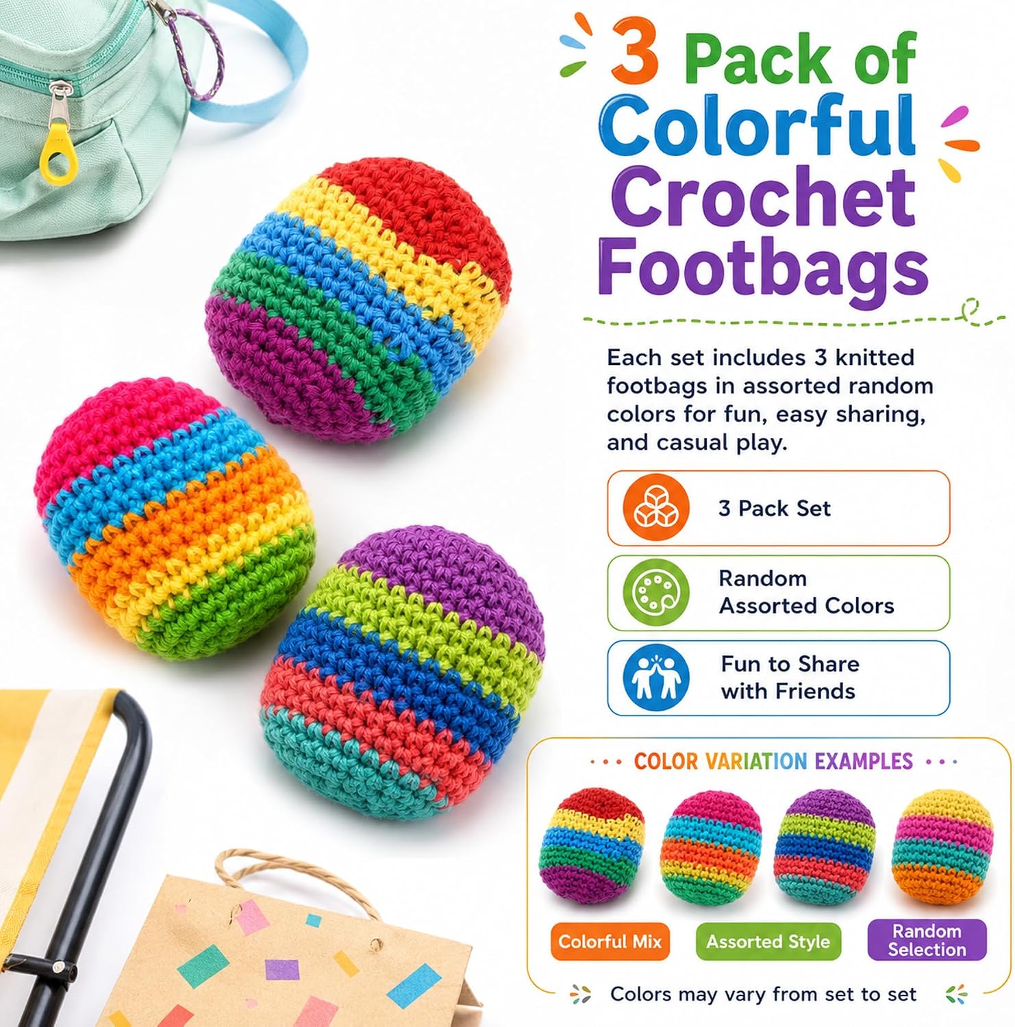 3 Pack Crochet Footbags, Random Colors Knitted Kick Sack Balls, 40g Plastic Pellet Filled Footbag Juggling Balls for Beginners, Teens & Adults, Outdoor Games & Party Favors thumbnail