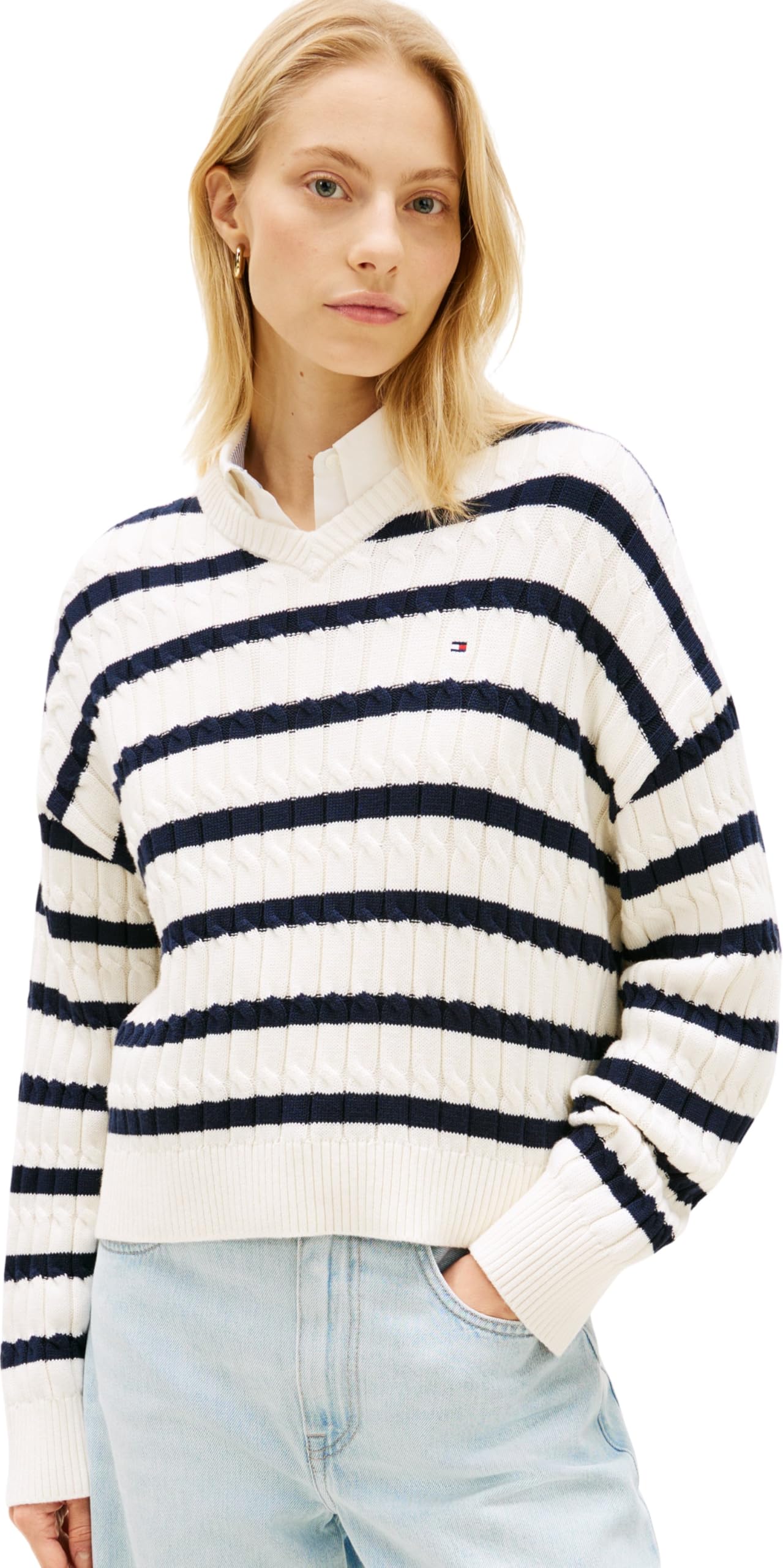 Tommy Hilfiger Co Cable Mid GG RLX Ls V-NK SWT Ww0ww48433 Pull-Over Femme (Lot de 1)