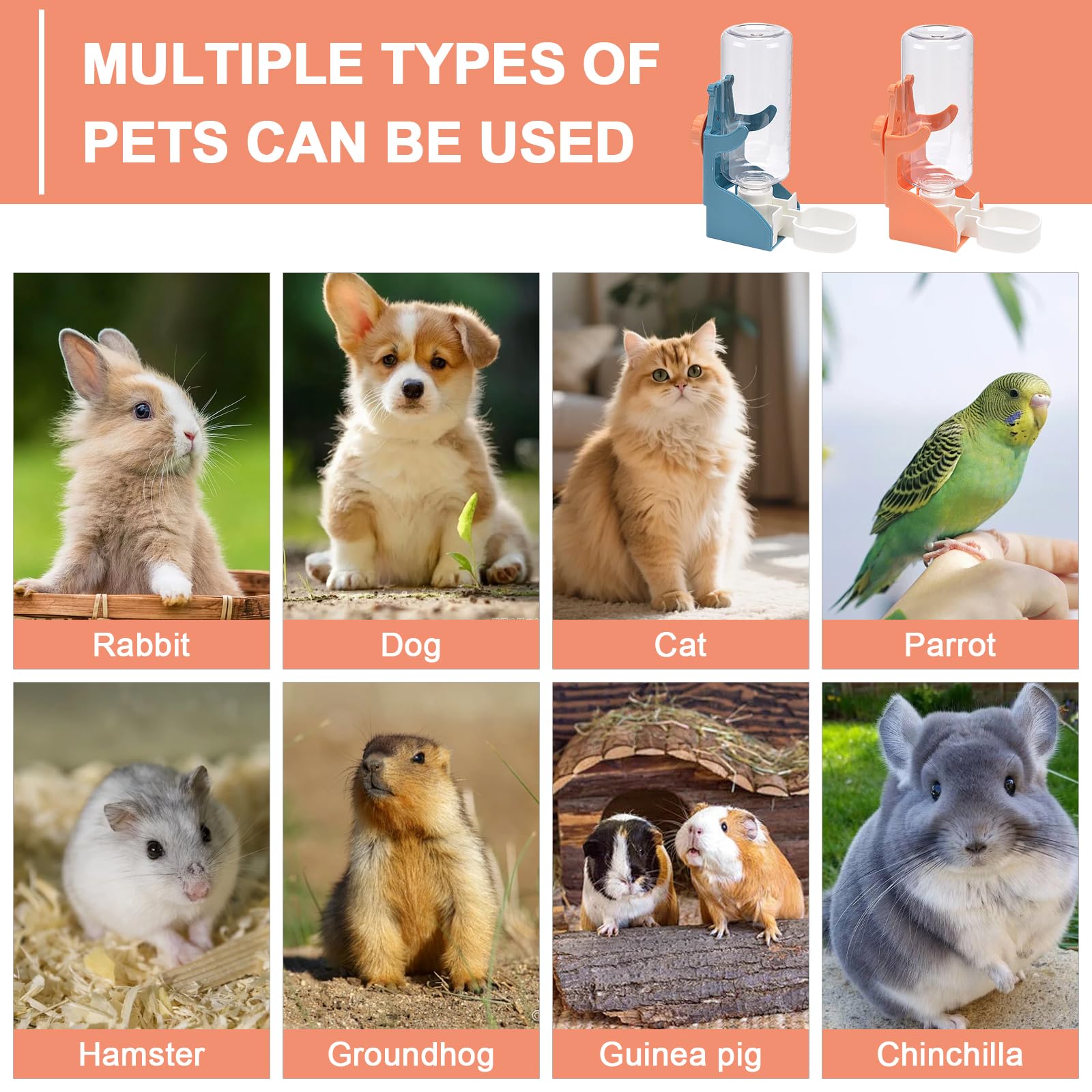 2 pièces de distributeur d'eau automatique pour lapins, 500 ml, bouteille de boisson suspendue pour lapins, cochons d'Inde, chinchillas, hérissons, furets, hamsters (Bleu, Orange)