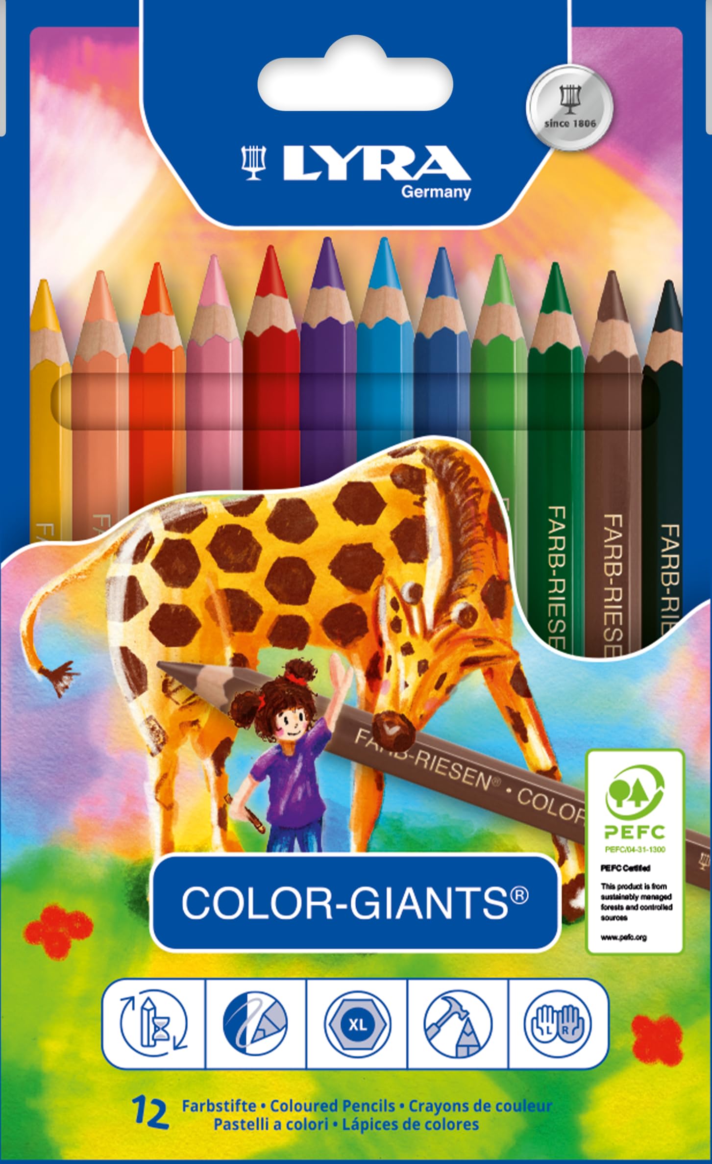 Lyra Color-Giants Assorted Colored Pencils - Set of 12 Colored Pencils With A 6.25mm Core - Highly Pigmented Pencils for All Artists - Durable Color
