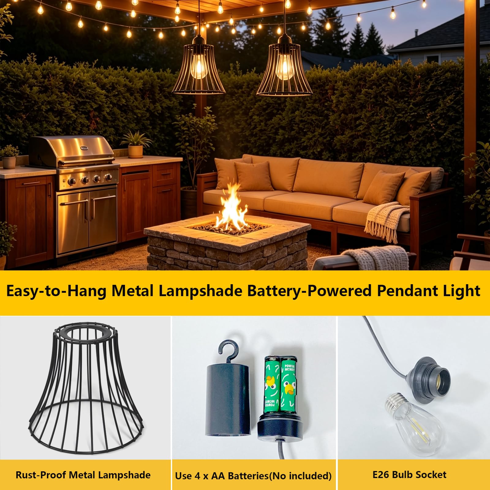 3-Pack Batteriebetriebene Pendelleuchte Dimmbar für Terrasse Garten Camping | Dimmbar mit Fernbedienung, 2/4/6/8 Std Timer, IP44 Wasserdichte Hängelampe ohne Kabel, Warmweiß & Kaltweiß LED Glühbirne