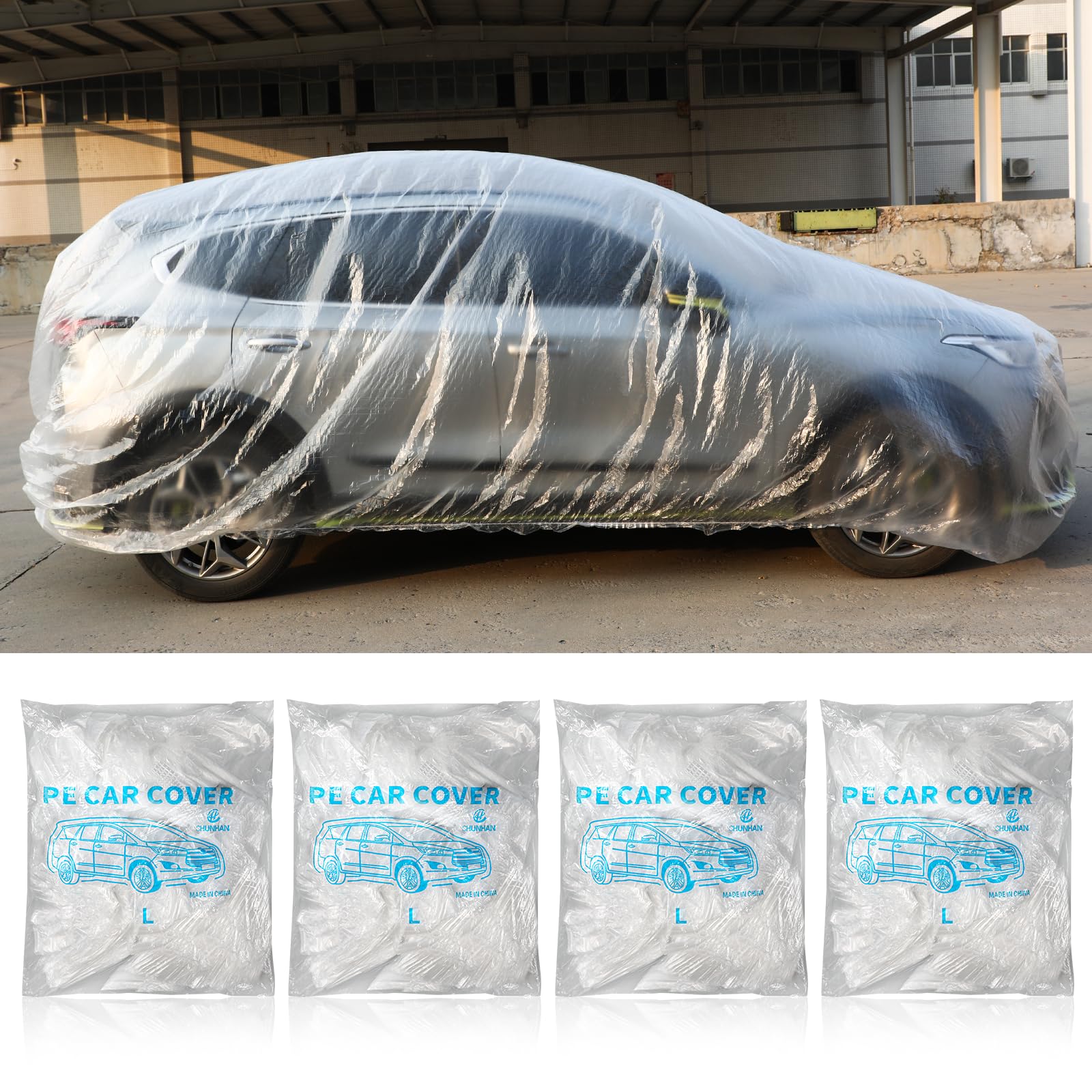 SHENLIU 4 Pack Disposable Car Covers Clear Plastic Car Cover Universal Rain Dust Garage Cover with Elastic Band