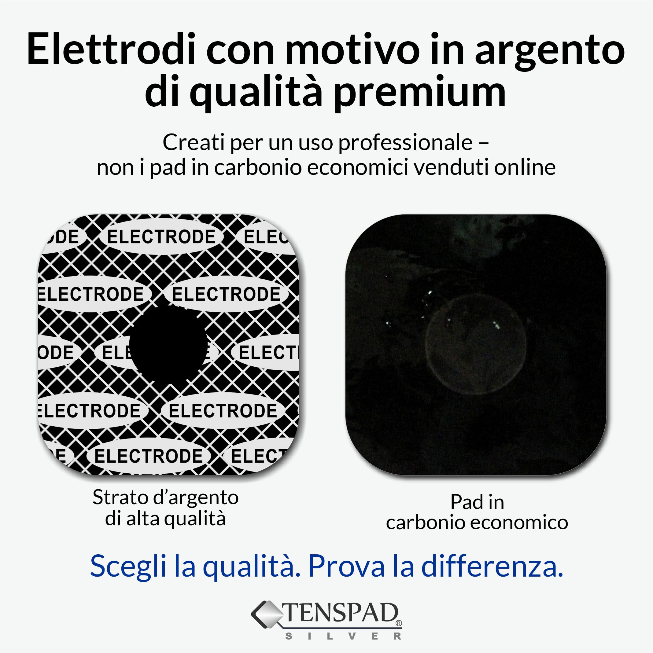 8 elettrodi con 1 SNAP, 50 x 50 mm, e 4 elettrodi con 1 SNAP, 50 x 100 mm, compatibili con Compex, con motivo in argento sulla superficie conduttrice