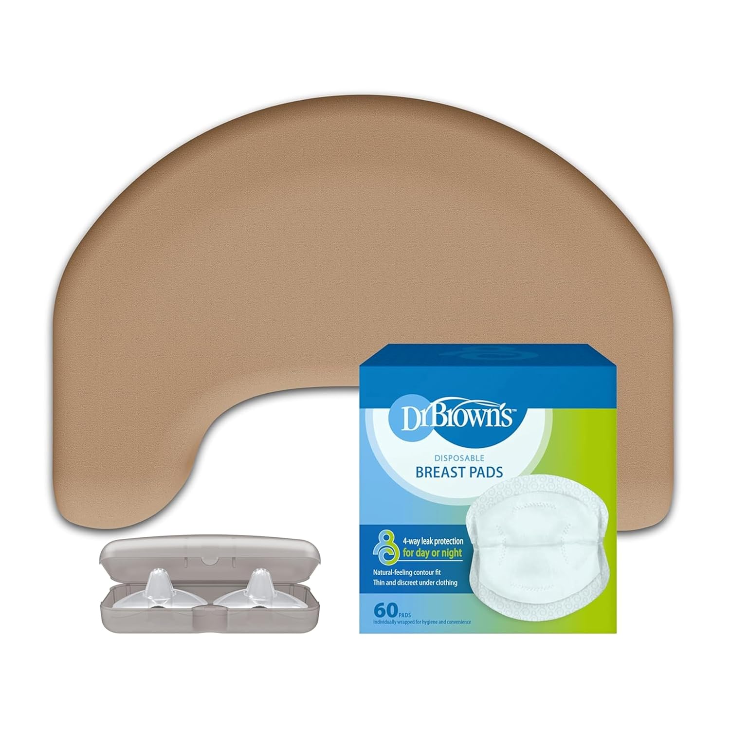 Dr. Brown's Feeding Support Pillow with Cover, Gentle Biege & Breastfeeding Nipple Shields, 24mm & Disposable Breast Pads - 60pk