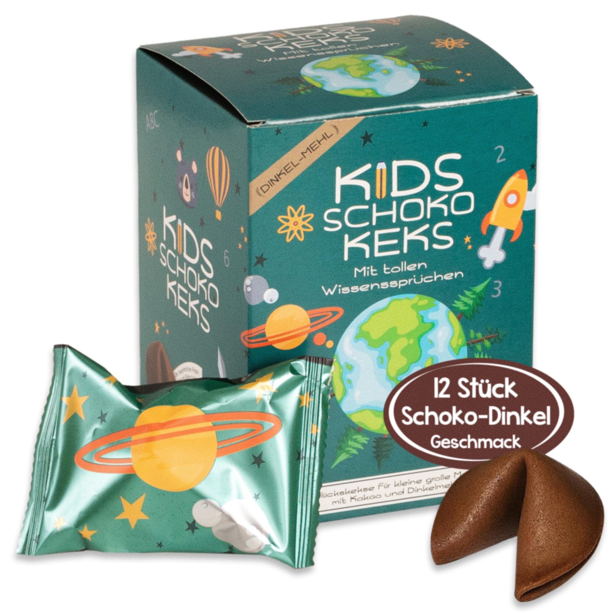 FOOD crew 12x Kids Schoko Glückskekse mit Wissenssprüchen - 3 bunte Motive - Glückskeks aus Dinkelmehl - einzeln verpackt - Kinder Glückskekse Schulanfang oder Kindergeburtstag