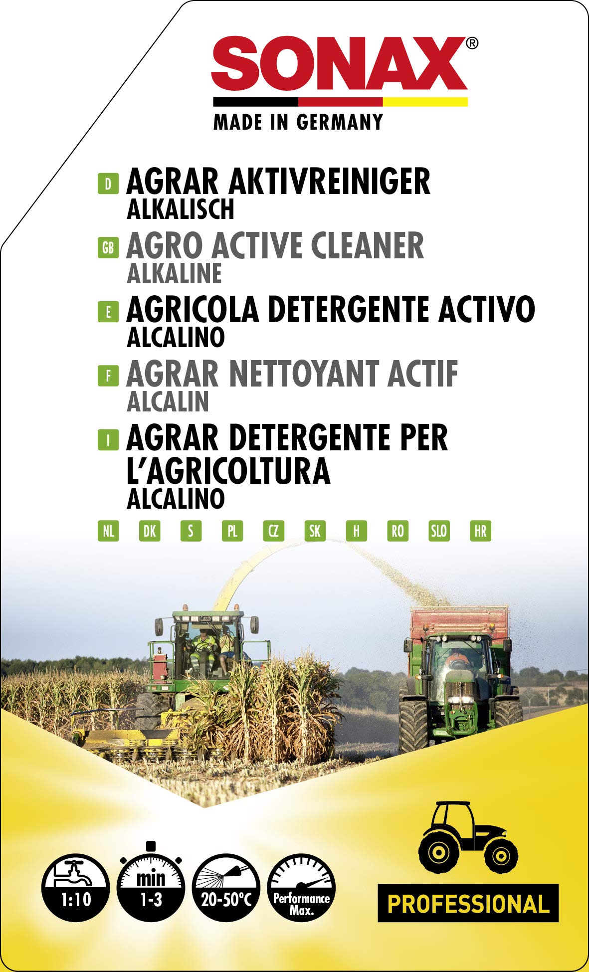 SONAX AGRAR aktywny środek czyszczący alkaliczny (5 litrów), skuteczny koncentrat do czyszczenia pojazdów rolniczych, maszyn i urządzeń, nr art. 07265000
