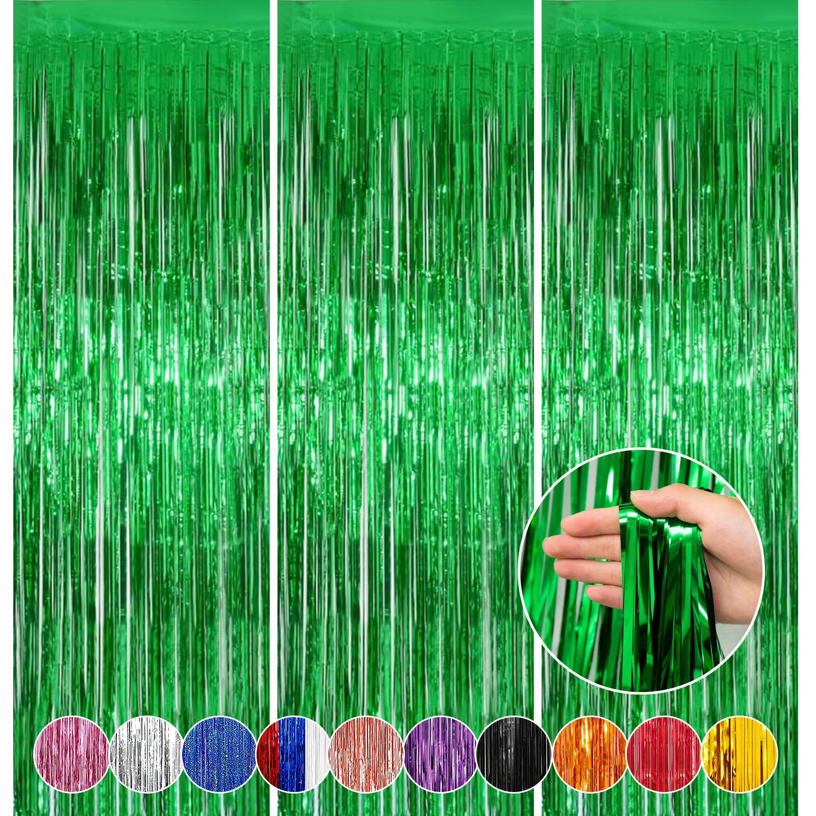 MtkocpkGreen Backdrop Party Decorations - 3-Pack, 8x3.2 Feet Green Foil Fringe Curtain Decor, Perfect for Christmas Decorations, Birthday Party, Graduation, and Football Party Decorations