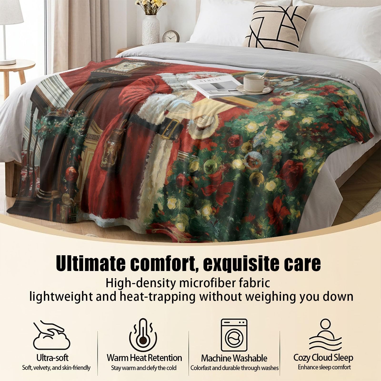 Coperta in flanella stampata, 180 x 220 cm, rossa, morbida, morbida, per Natale, festività, illustrazione, per casa, divano, sedia, viaggi, tradizionale fiocco di Babbo Natale