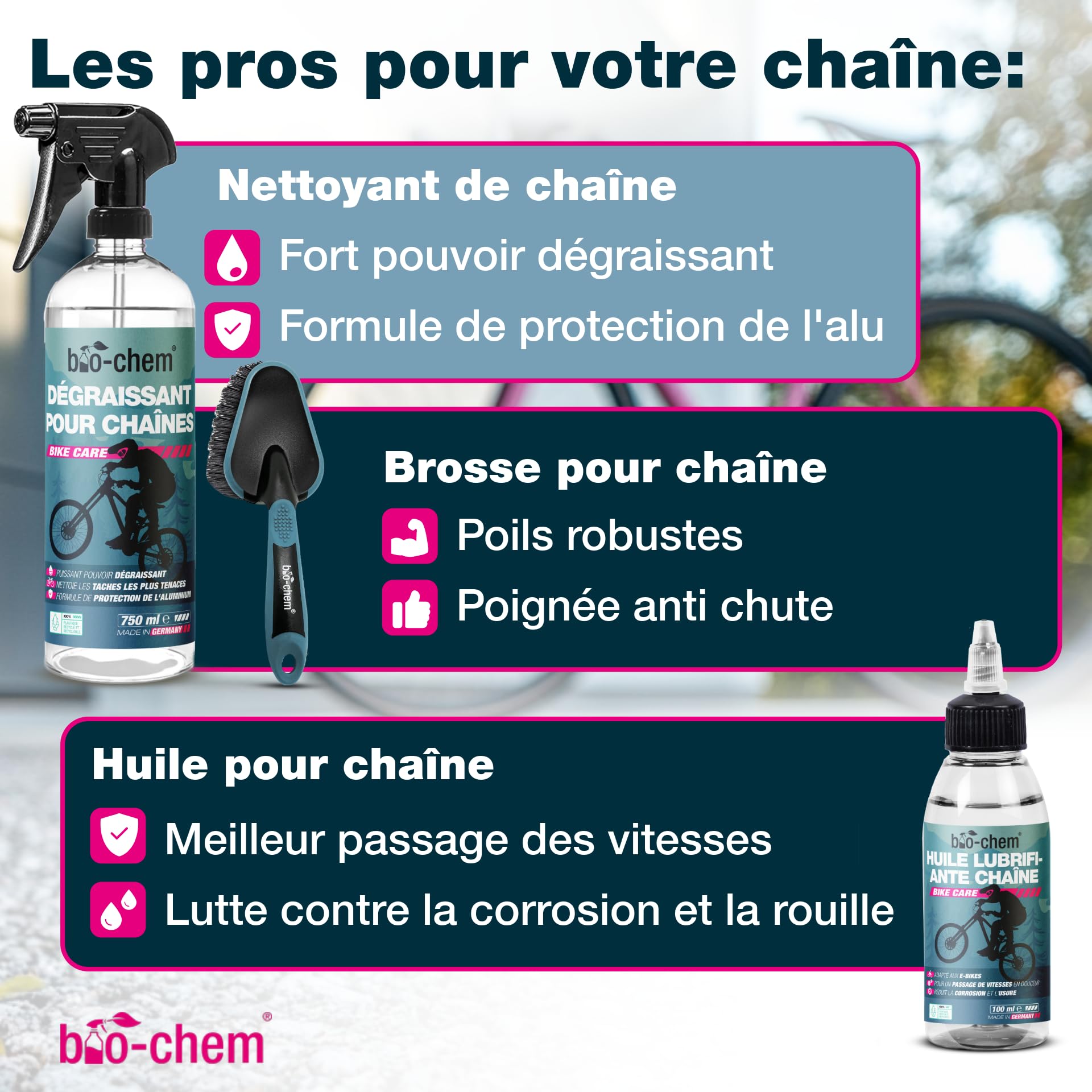 bio-chem Kit 9 produits d'entretien et nettoyage vélo, vtt + accessoires | Produits nettoyants d'entretien du cadre velo route, chaine vtt - Accessoires inclus - Boite de rangement incluse