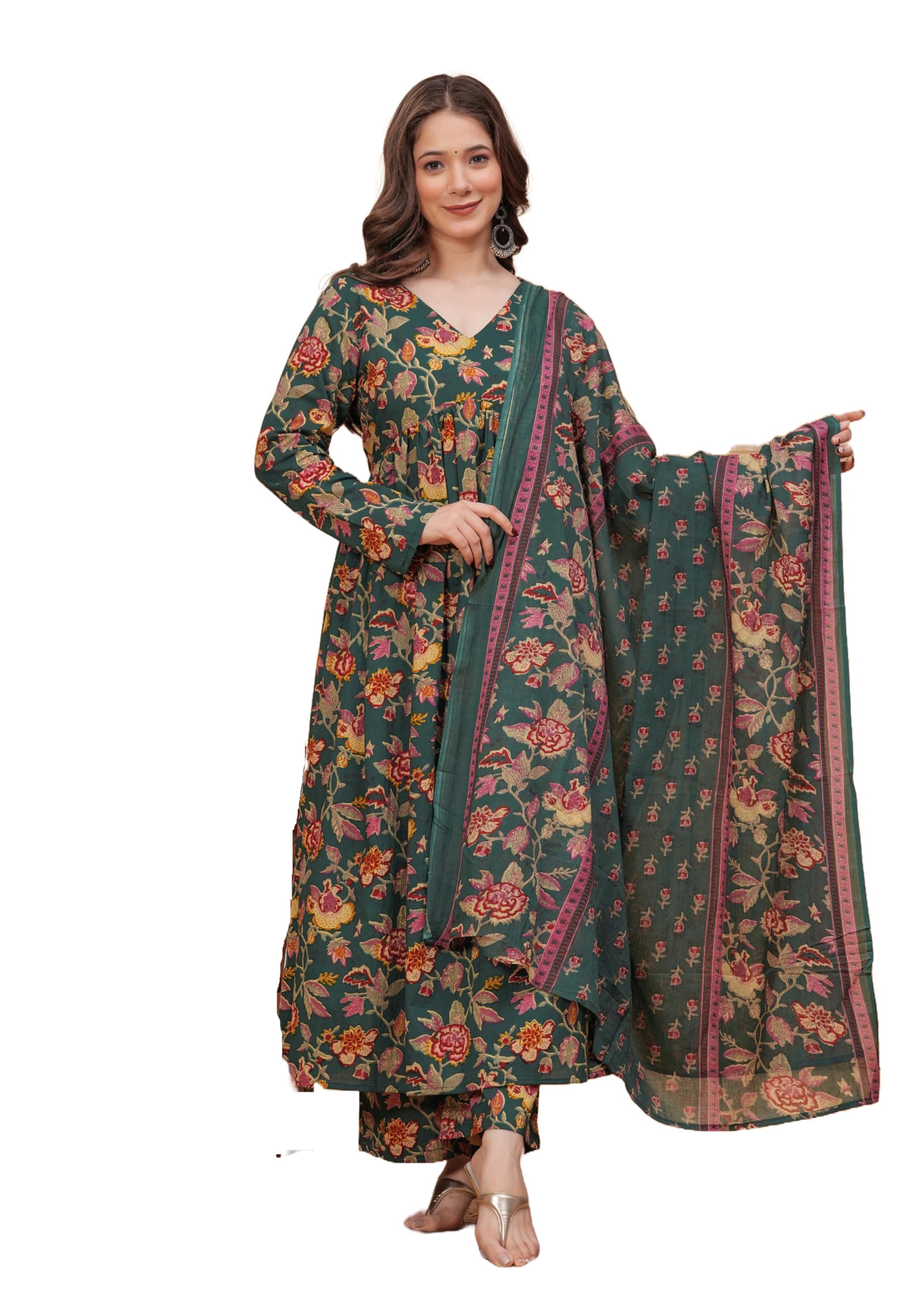 MEERA FAB Women's Cotton Blend V-Neck Anarkali Printed Kurta with Palazzo & Dupatta