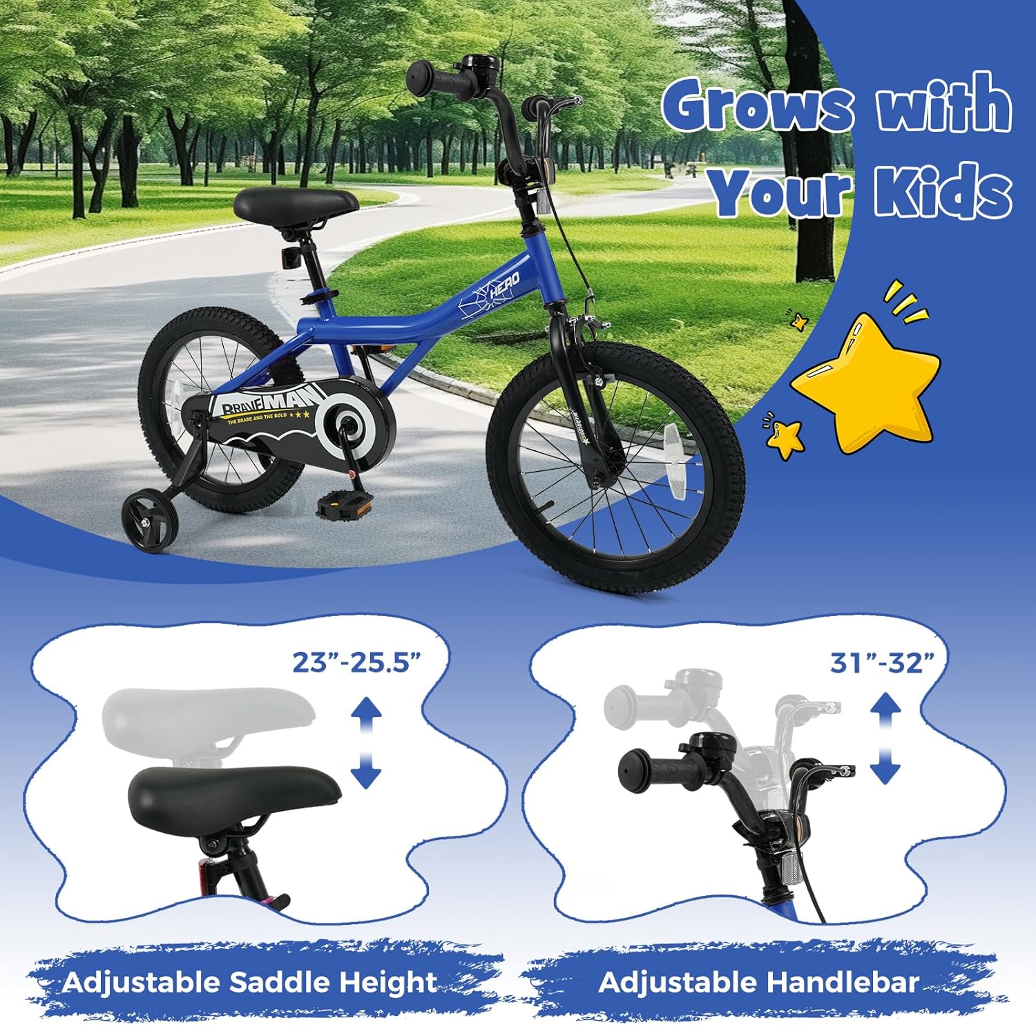 HONEY JOY Kids Bike, 12 14 16 18 Inch Toddler Bikes w/Training Wheels, Handbrake & Coaster Brake, Fully Enclosed Chain, Adjustable Handlebar & Seat, Kids Bicycle for Boys Girls Age 3-8