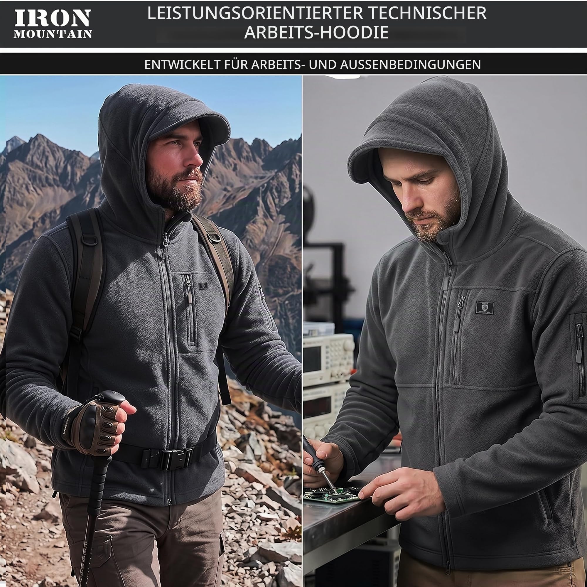 Iron Mountain Herren Fleece Hoodie mit Reißverschluss – Technischer Kapuzenpullover Winddicht, Thermo Workwear Jacke mit Mehreren Taschen, Outdoor Sweatshirt Winter