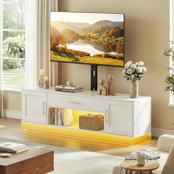 RALGEND 59 Modern TV Stand with Mount and Power Outlet, Swivel TV Stand for 32/55/65/75 inch TVs, Height Adjustable LED Entertainment Center, Media TV Console Table for Living Room, Bedroom, White