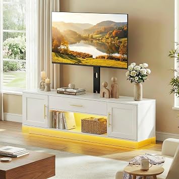 RALGEND 59 Modern TV Stand with Mount and Power Outlet, Swivel TV Stand for 32/55/65/75 inch TVs, Height Adjustable LED Entertainment Center, Media TV Console Table for Living Room, Bedroom, White
